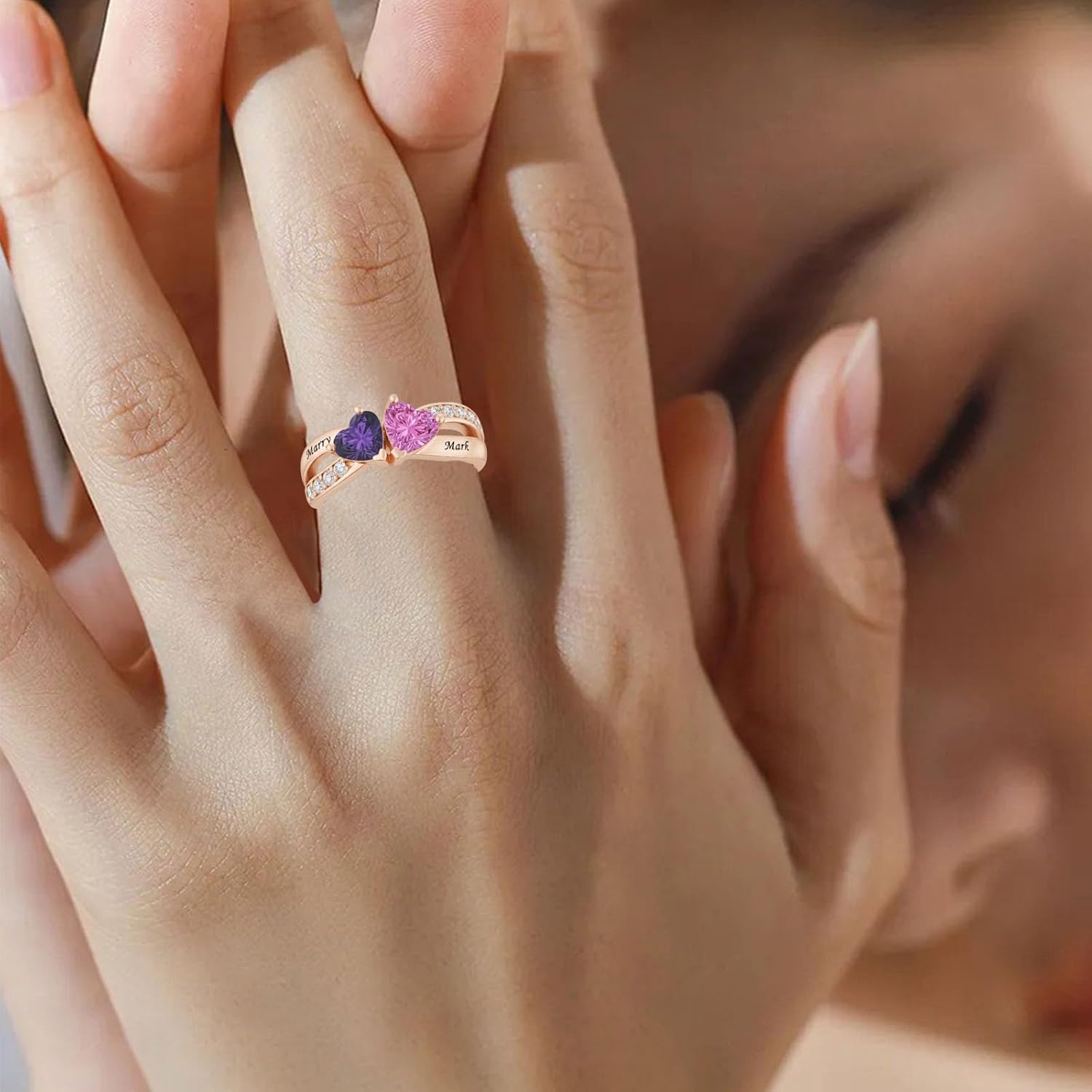 Personalized 2 Birthstones Promise Ring for Women Custom Birthstones Mother Rings Solid 10K/14K/18K White Yellow Rose Gold Engraved Names Engagement Mother Day Rings for Her Wife