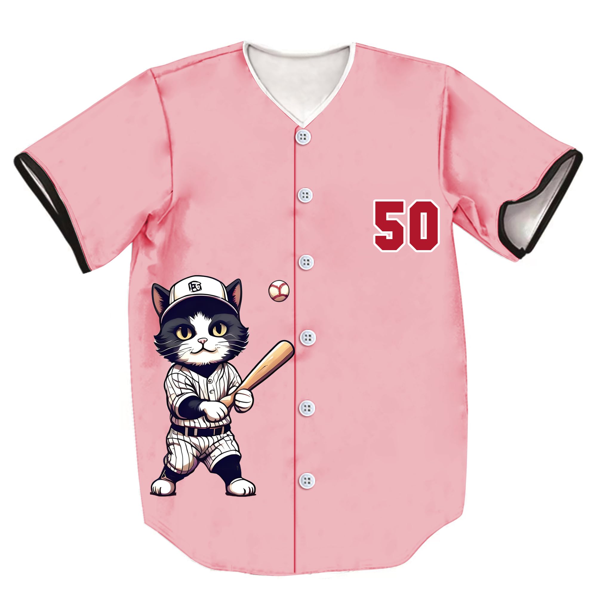 ZIBRAL Unisex Retro Cute Baseball-Cat 50 Baseball Jersey Short Sleeve Baseball Cardigan ZJ006-Pink-L