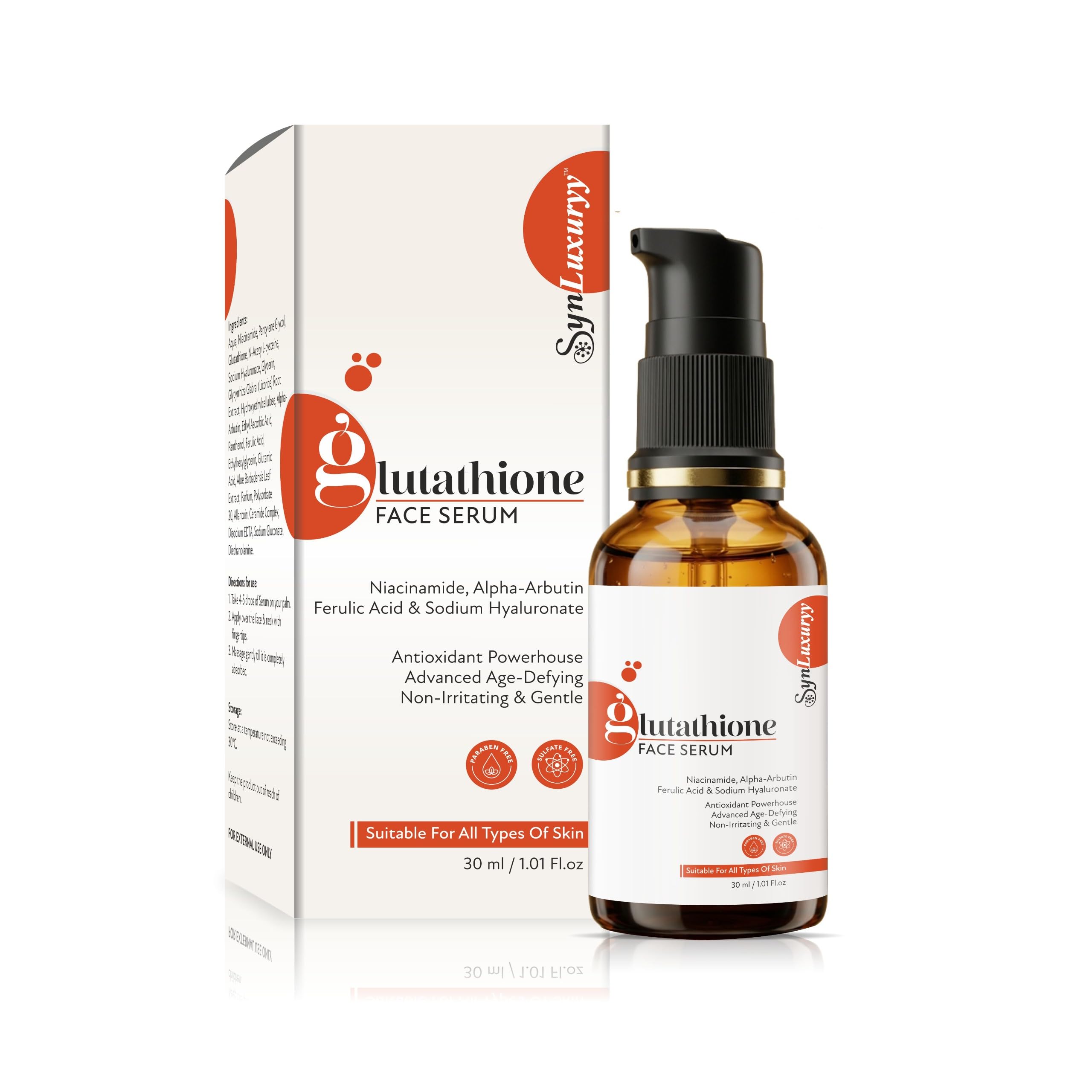 Syn Luxuryy Glutathione Face Serum 30ml | Skin Brightening Serum | Glow Booster | Dark Spot Remover | Pigmentation Care | Vitamin E | Hydrating
