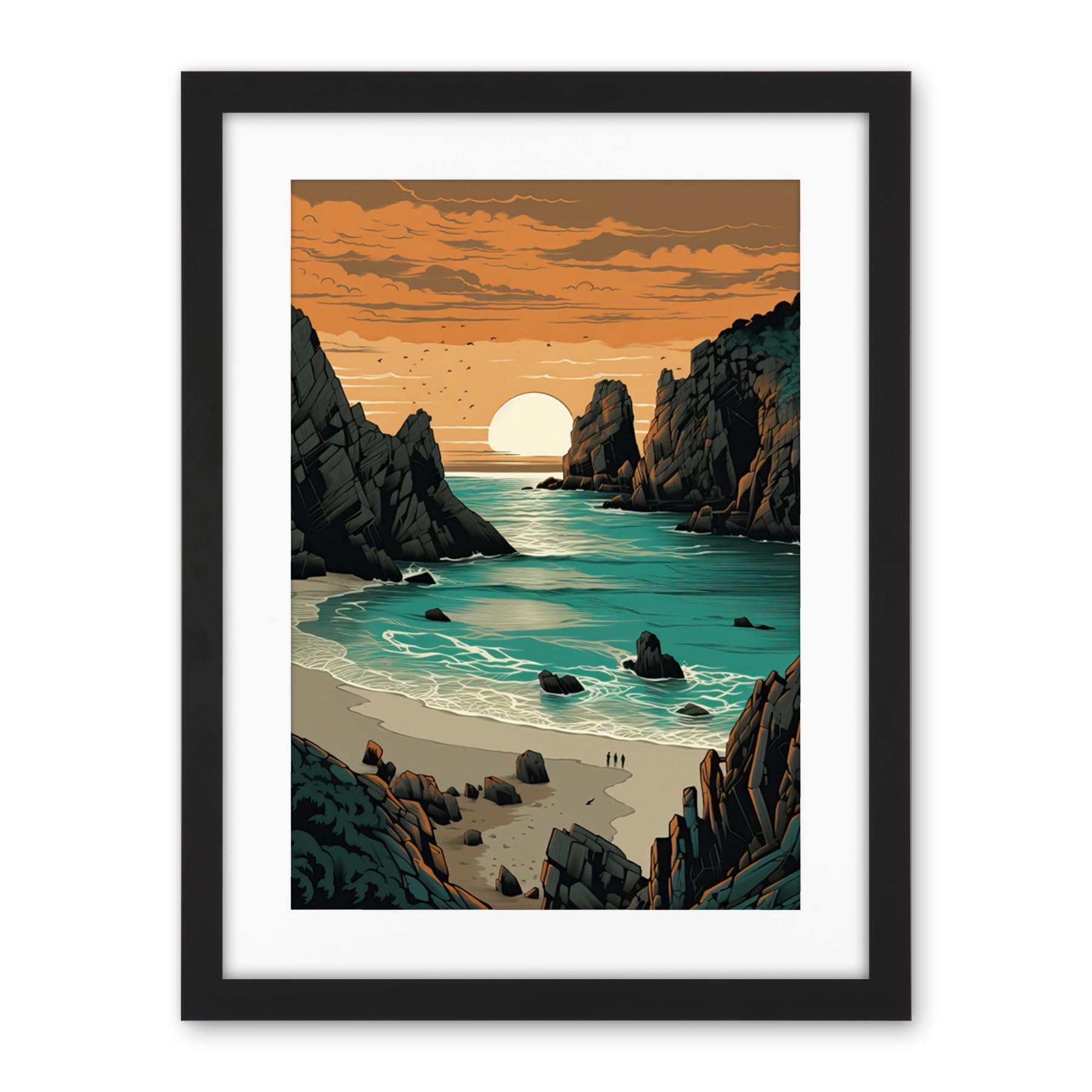 Artery8 Porthcurno Beach Sunrise Coastal Landscape Artwork Framed Wall Art Print 18X24 Inch