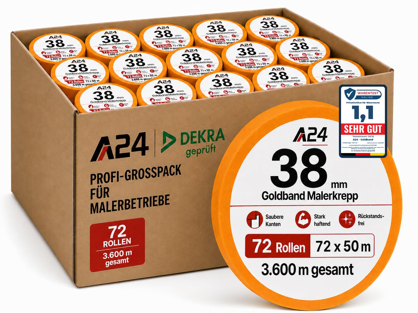 A24 Goldband Malerkrepp 38mm x 50m – Maler Klebeband, Washi Tape 72er Pack | Großpackung, Malerklebeband Abdeckband Innenbereich, Abklebeband für saubere, präzise Farbkanten