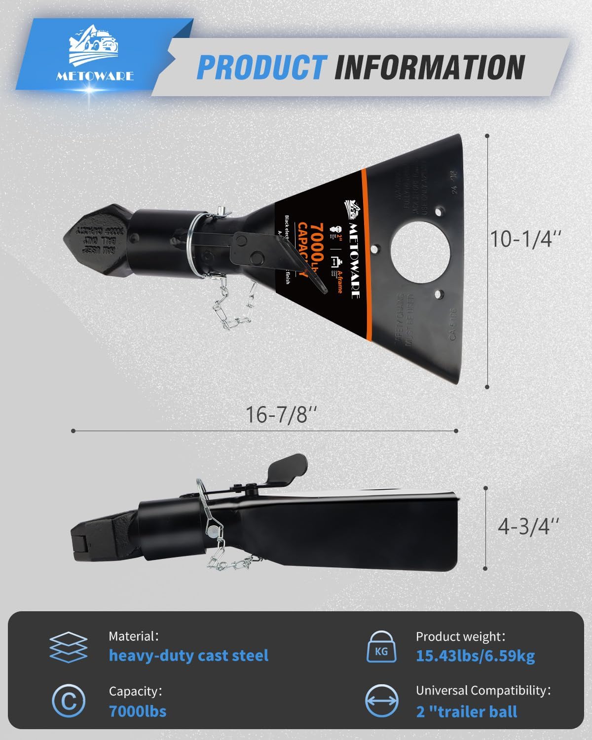 METOWARE 2" A-Frame Trailer Coupler,Fits 2-Inch Hitch Ball, Capacity 7000LBS, Black - Image 2