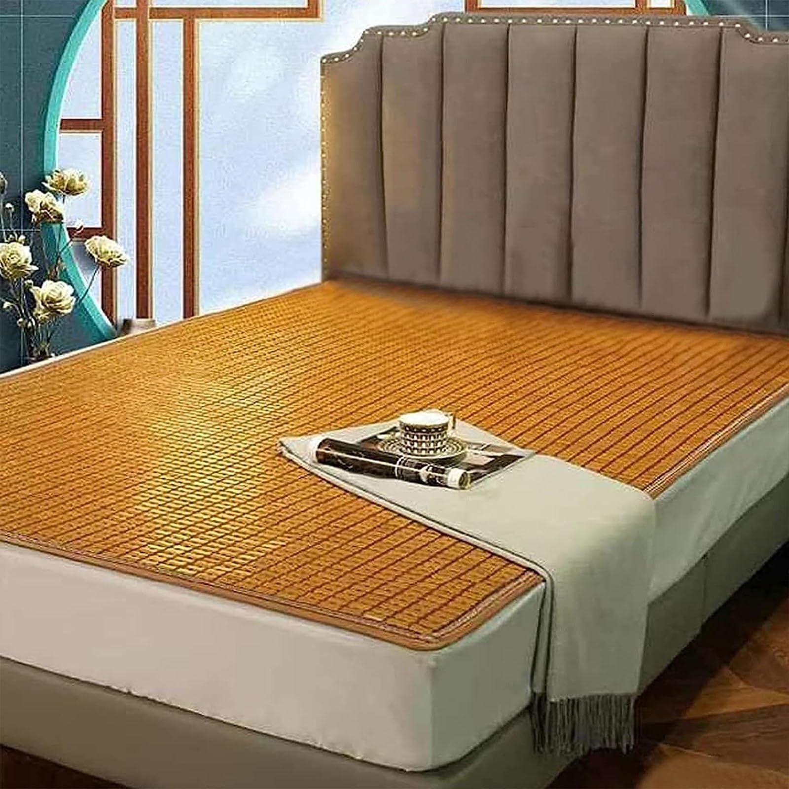 Coprimaterasso rinfrescante in bambù, 180 x 200 cm, traspirante, per letti singoli e matrimoniali, viaggi, casa e dormitorio, reversibile, per camper e dormitori