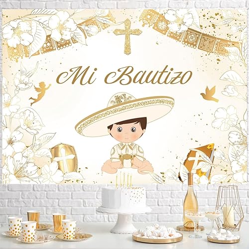 Miniatura 3 de Withu Telón de fondo dorado Mi Bautizo para niño, paloma, Santa Biblia, Cruz, Primera Comunión, sesión de fotos para niños, ceremonia cristiana