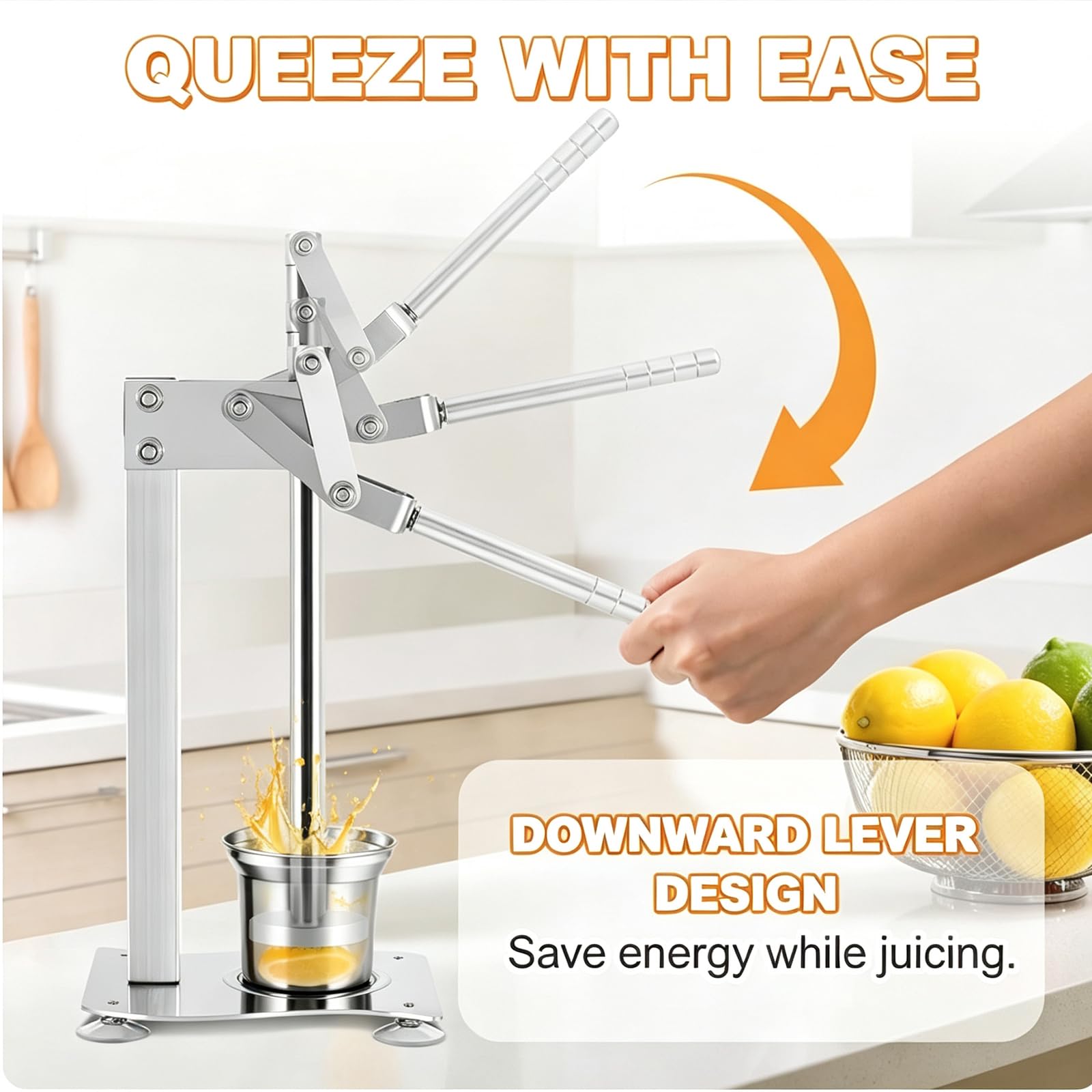 MObyat Spremiagrumi Manuale per Limoni, Robusto, in Acciaio Inox 304, con Ciotola Grande da 74 Mm, Meccanismo A Leva, Elevata Resa di Succo Ed Estrazione Efficiente, Ideale per Il Bar di Casa.