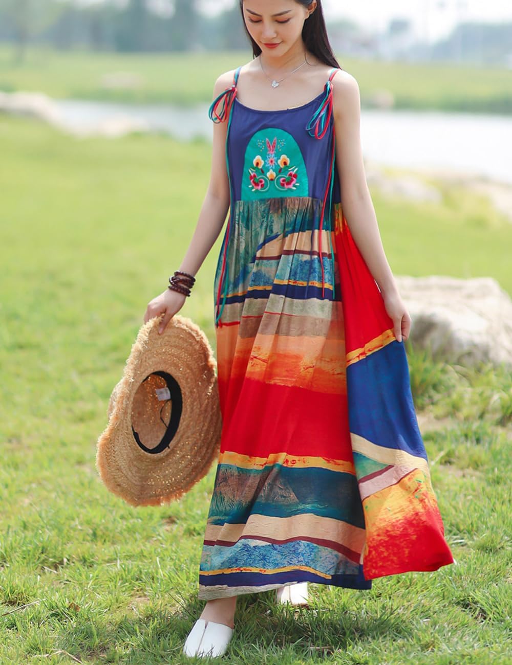 Women Bohemian Maxi Dress Floral Embroidered Spaghetti Strap Summer Beach Sundress