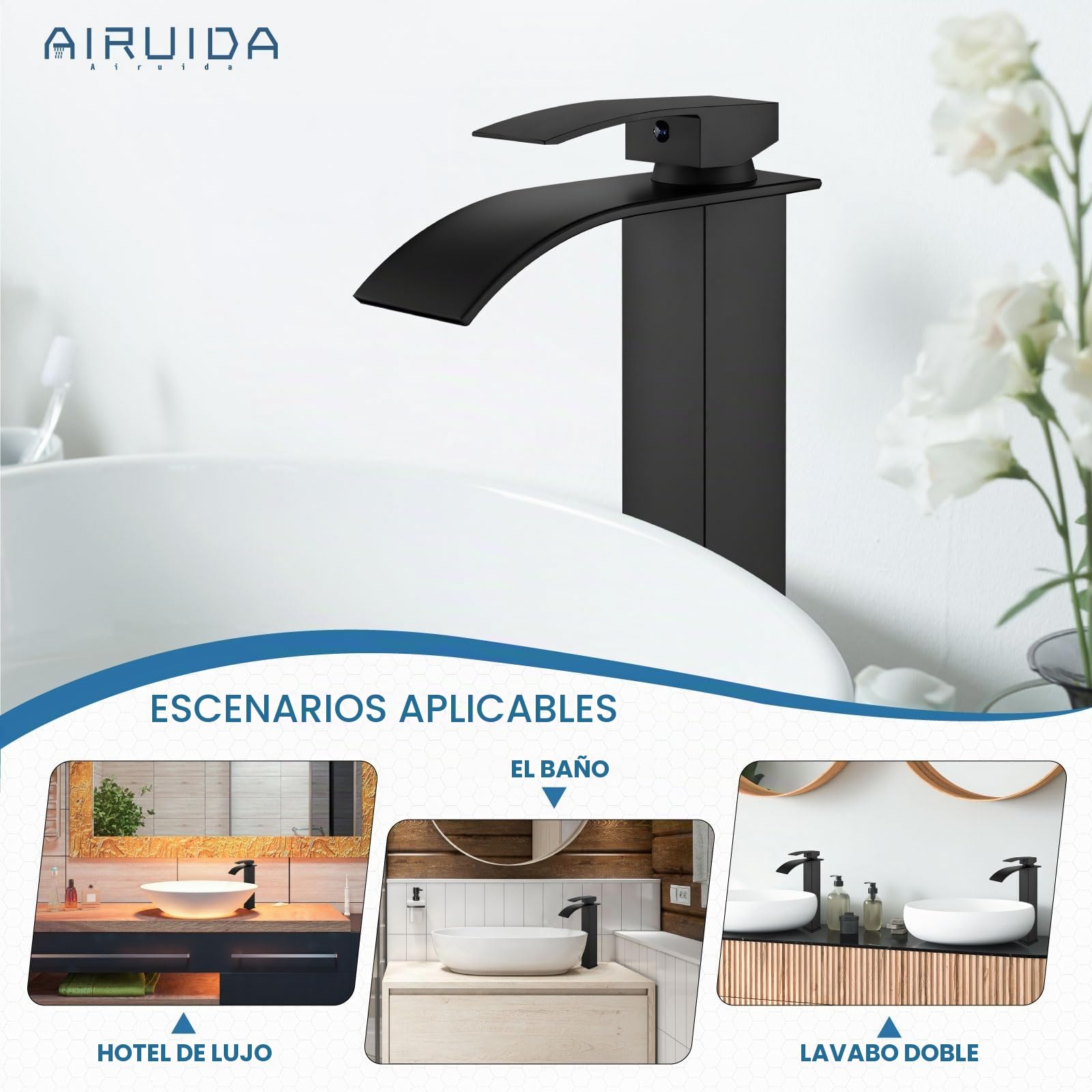 Airuida Grifo de baño de cascada alto de latón negro mate con un solo agujero de montaje en cubierta con boquilla rectangular grande para lavabo