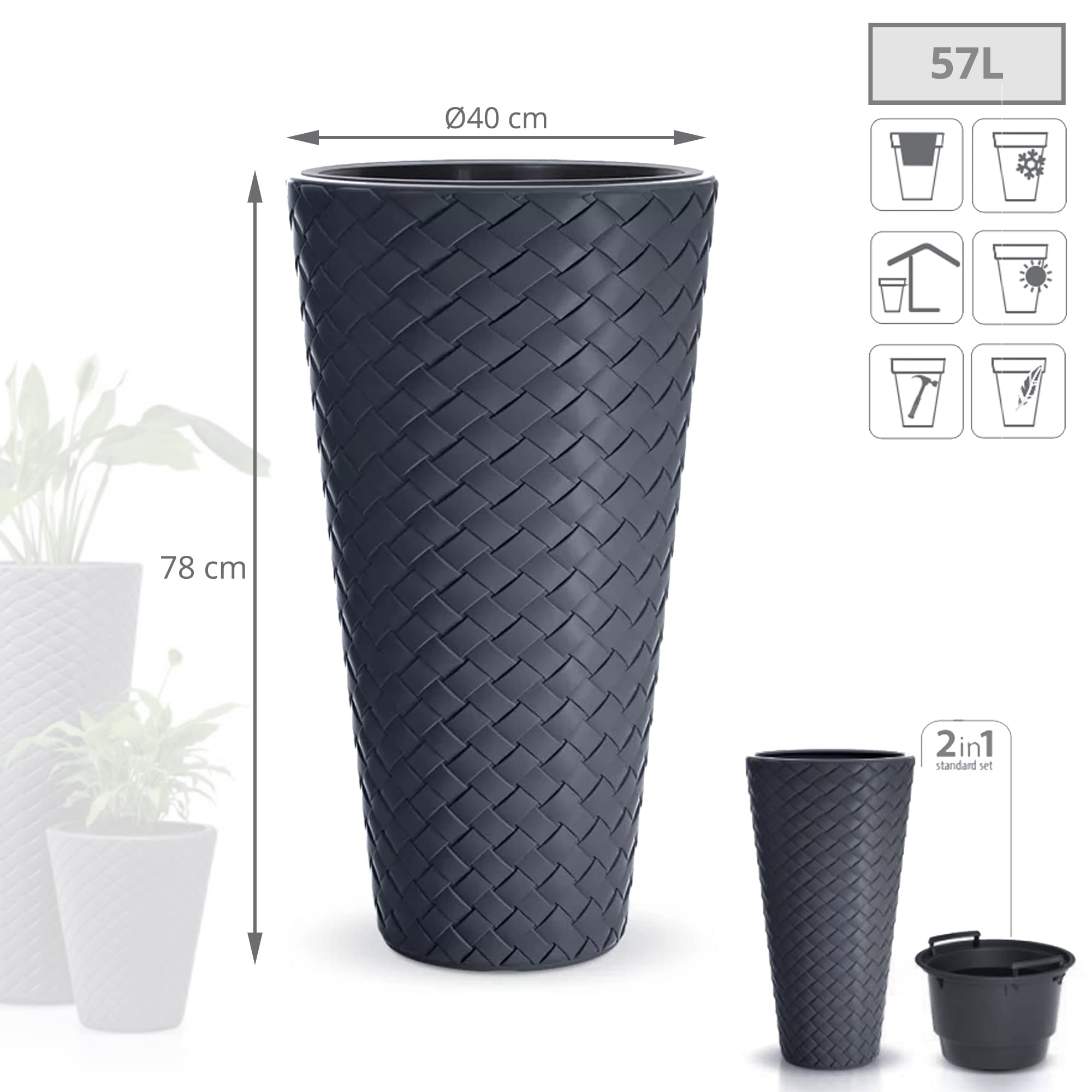 SLIM MATUBA 57L Pflanzgefäß, mit Tank, Abmessungen (mm) 400x400x780, Farbe Anthrazit