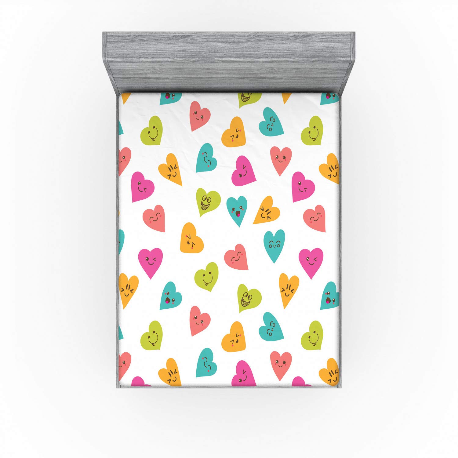 Ambesonne Hearts Fitted Sheet, Variety of Colorful Heart with Smiling Faces and Funny Facial Expression Print, Bed Cover with All-Round Elastic Deep Pocket for Comfort, King Size, Pink Multicolor