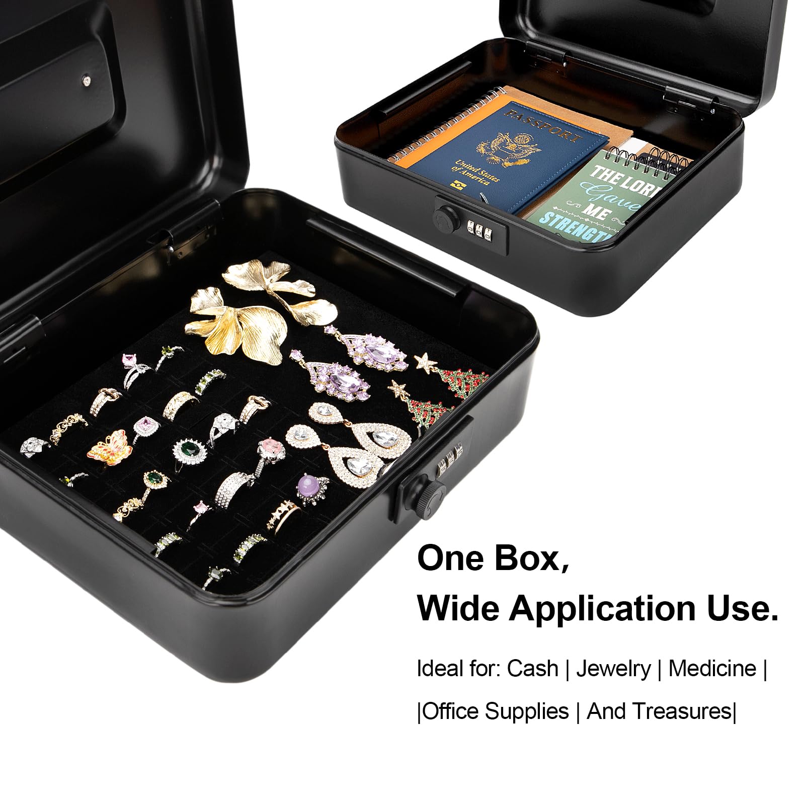 Jssmst Caja de dinero grande con cerradura de combinación, caja de metal duradera con bandeja de dinero negra (9.8 x 7.9 x 3.5), SM-CB07001L