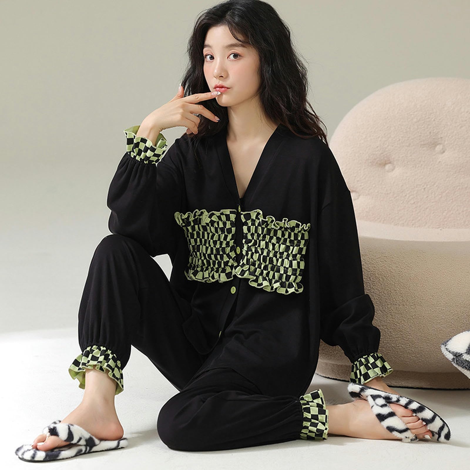 Pigiama Donna Set di Pigiama in Cotone Femminile - Stile Primaverile Autunno, Cardigan A Maniche Lunghe, Versatile Capispalla per Casa E Fuori-Nero-XXL
