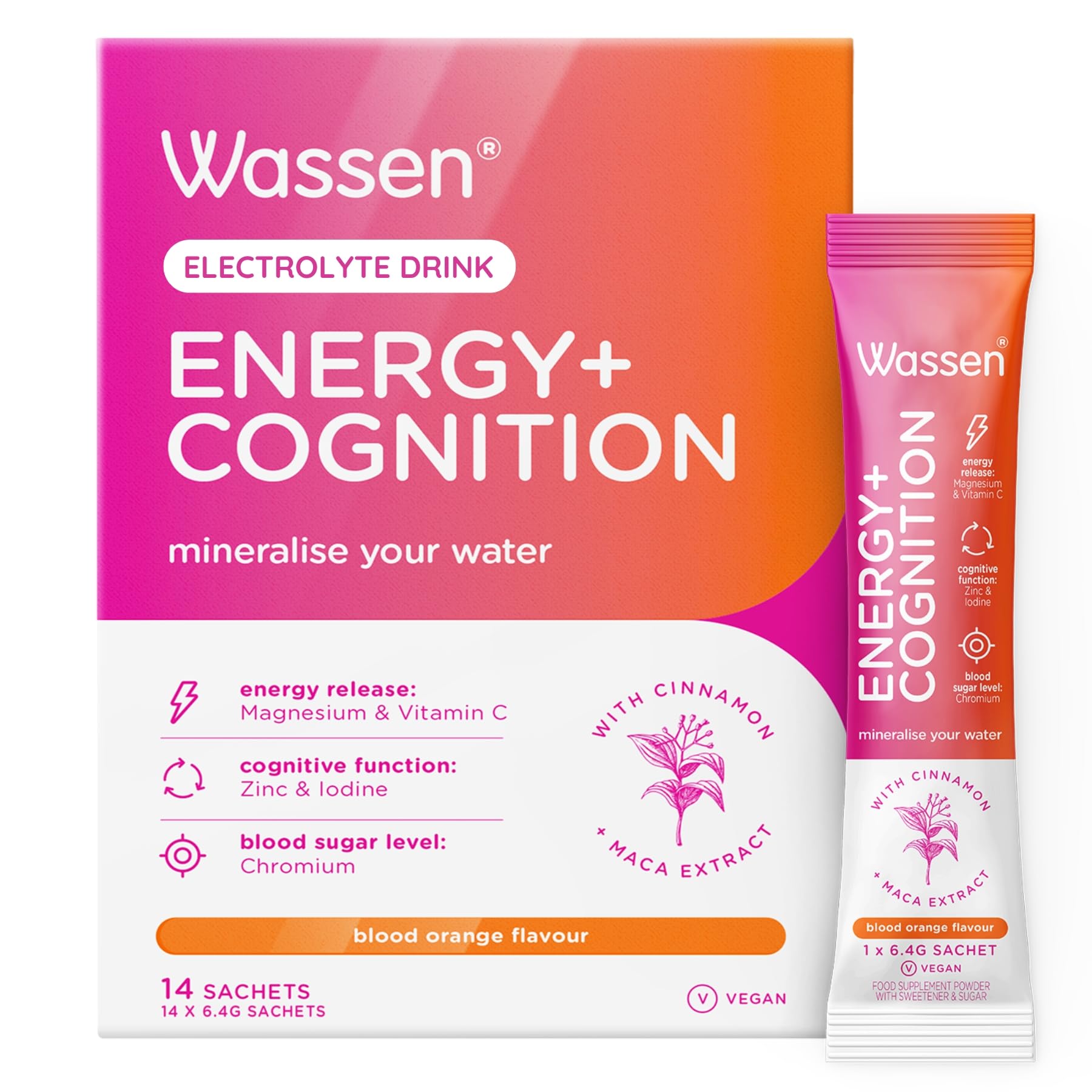 Wassen Energy & Cognition Energy Supplements - 14 Sachets | Vitamin C Sachets | Vitamin Powder for Water | Magnesium Sachets & Vitamin C to Help Healthy Energy Release