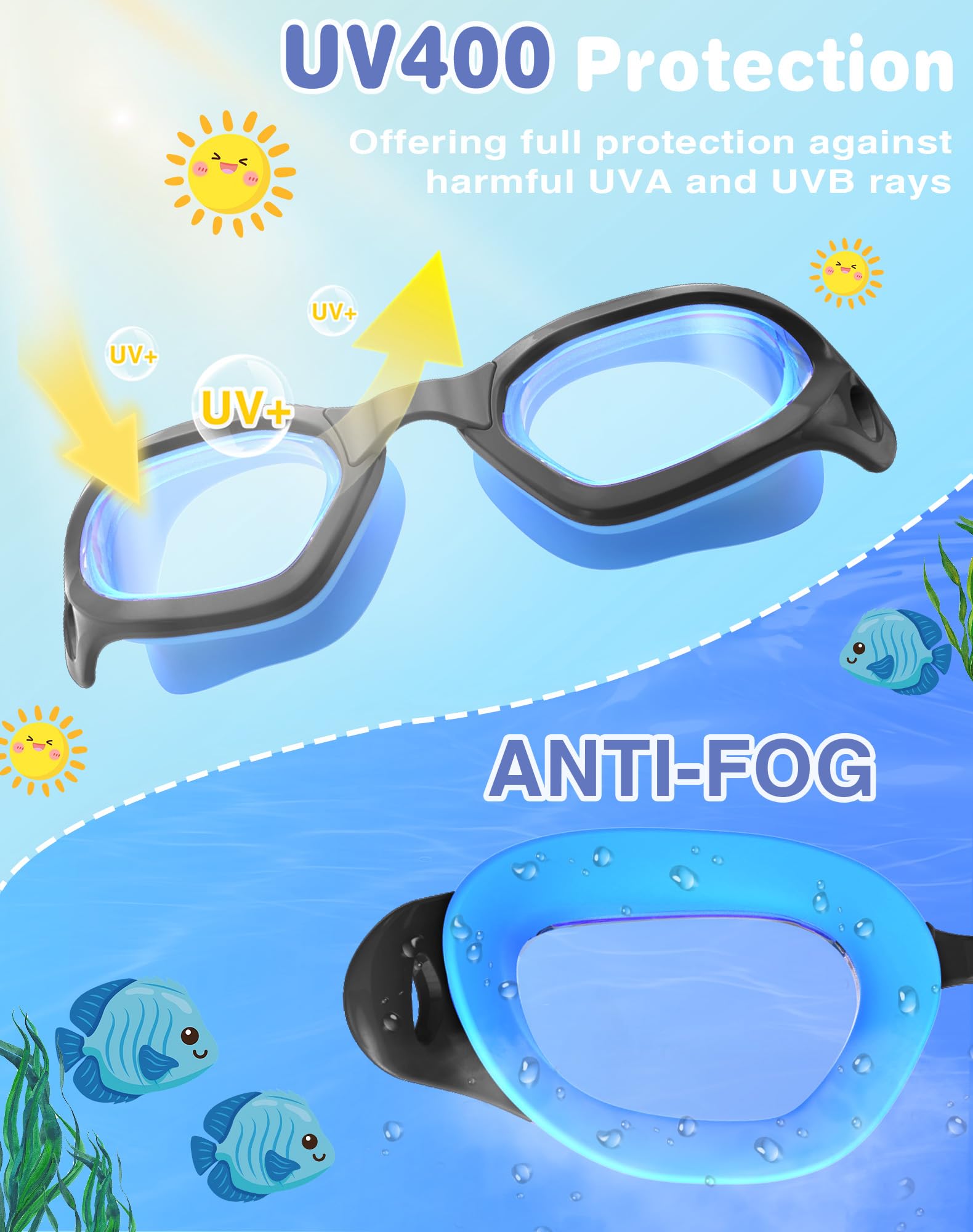Kinder-Schwimmbrille in zweifarbigen, verstellbaren Nasenpads und weichem Silikon für auslaufsichere (6–14), klare Sicht, Anti-Beschlag und UV-Schutz