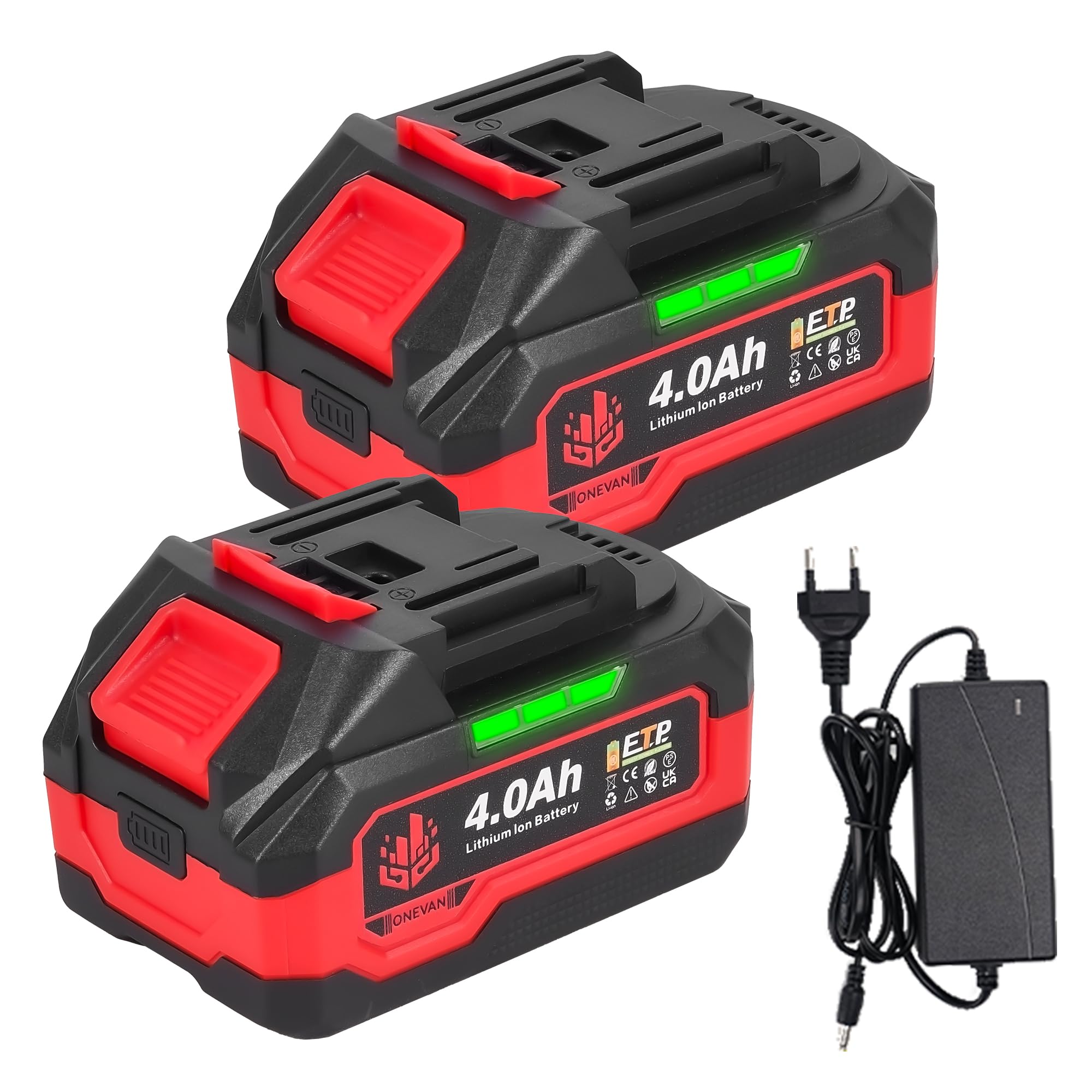 ONEVAN 20 V baterías, 2 baterías de Litio de 4000 mAh con Cargador rápido de 1,2 A, protección de Seguridad quíntuple, indicador de batería, batería de Repuesto para Herramientas ONEVAN de 20 V