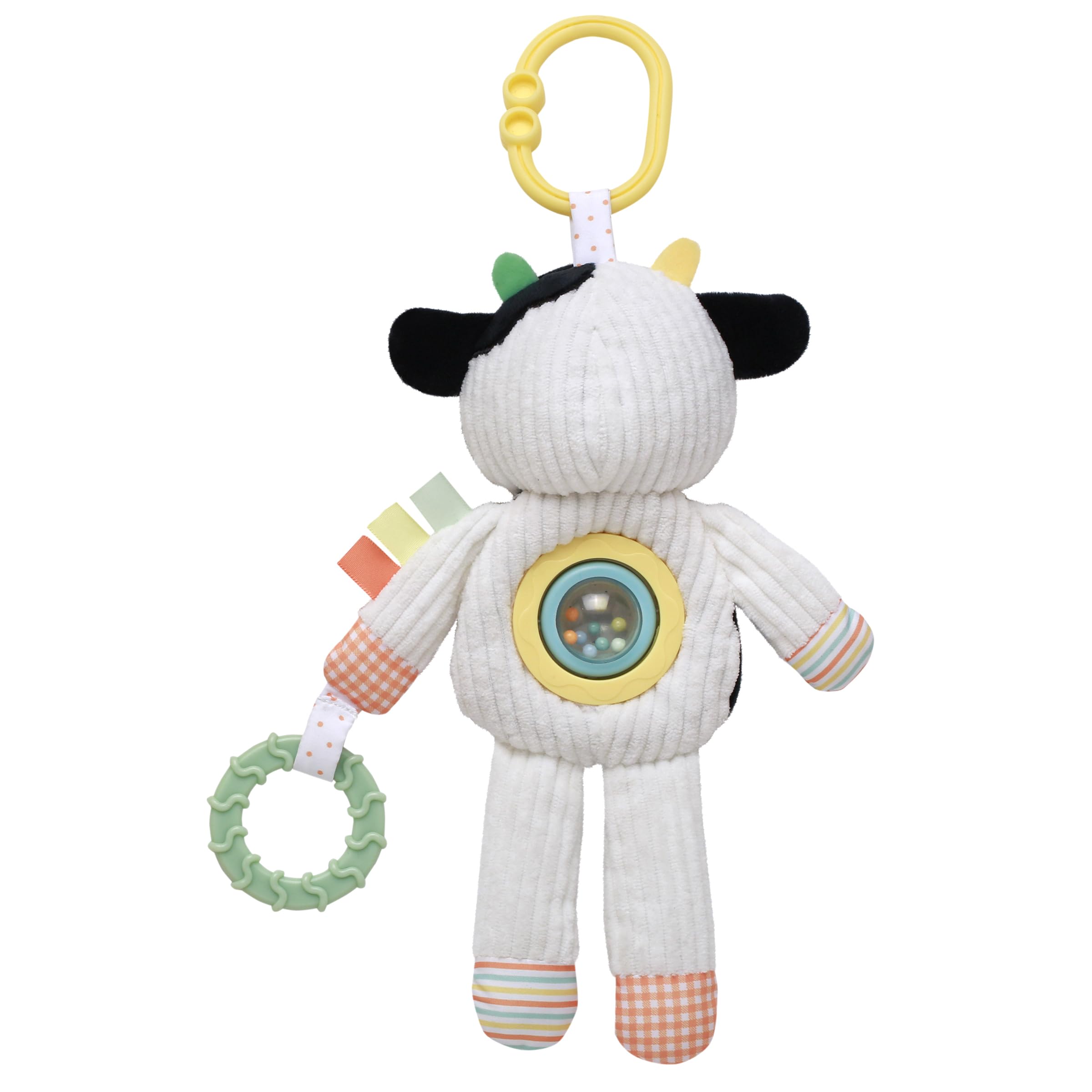 Plush 10 inch Plush Activity Toy with Teethers, Crinkle, Spinner and Travel Hook, Farm Black and White Cow