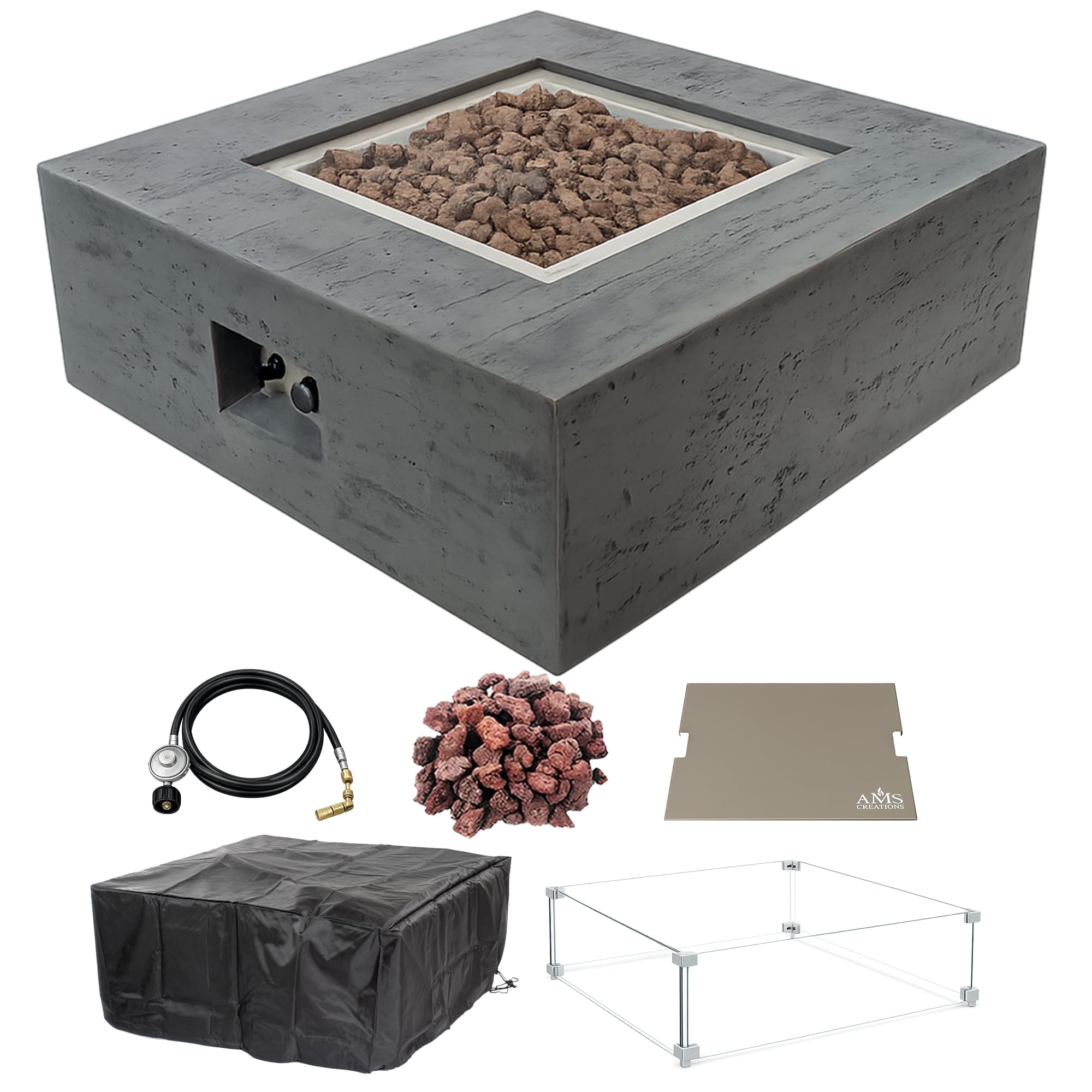 AMS 36" Concrete GFRC Square Natural Gas Fire Pit Table (Pweter)