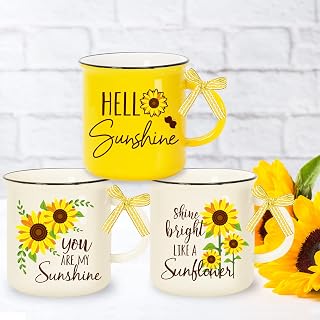 Whaline 3Pcs Summer Sunflower Mini Coffee Mug with Plaid Ribbon Cartoon Sunflower Sunshine Mini Drinking Mug Yellow Summer Tiered Tray Decor for Table Centerpieces Decor Housewarming Gift