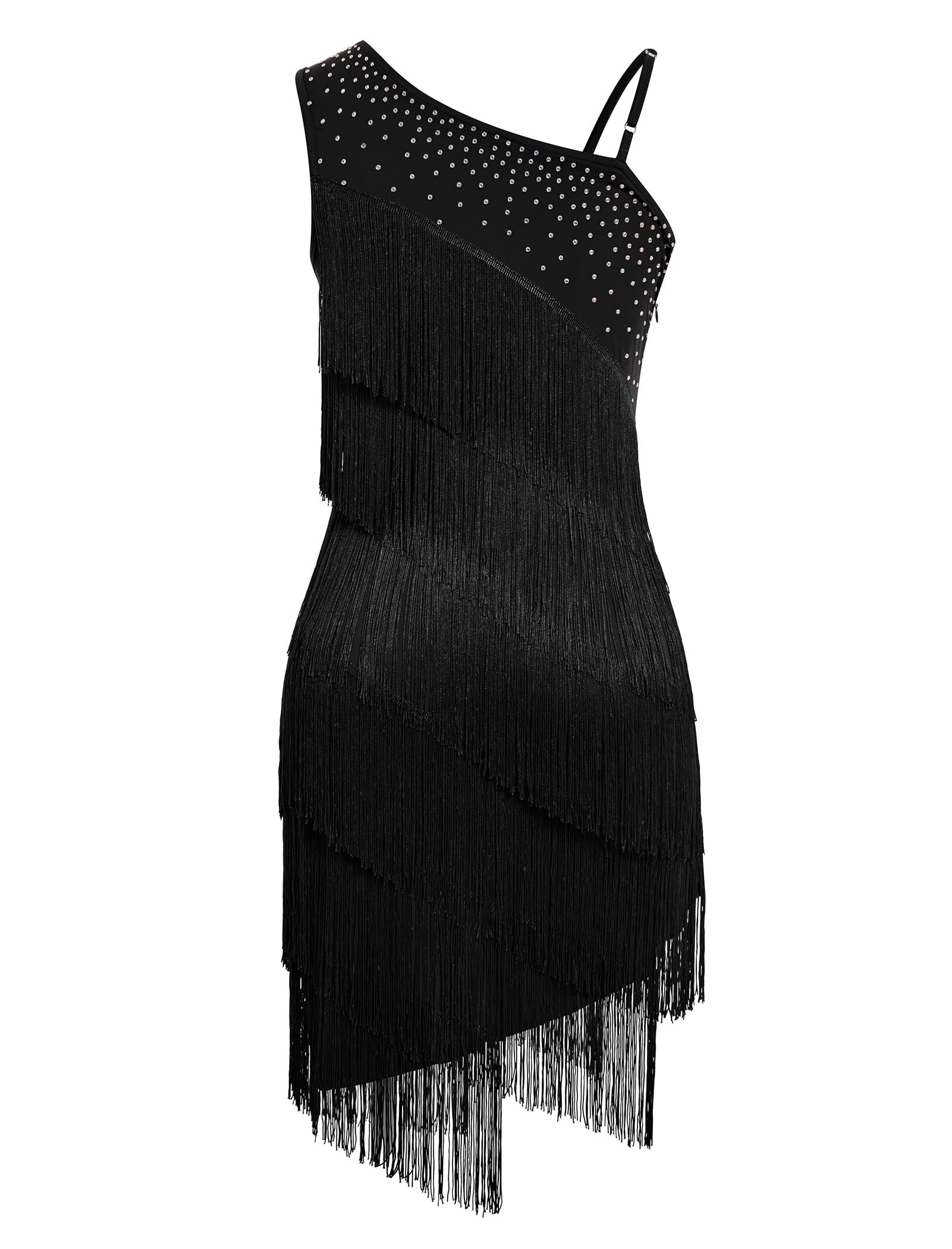 Damen Asymmetrisch Eine Schulter Strass Fransen Latin Dance Kleid 1920s Pailletten Quaste Flapper Kleider Salsa Cha-Cha Ballroom Dance Kostüm