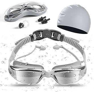 – Swimming Goggles Swimming Cap Set for Adults, UV Protection Lenses Clear Anti-Fog Swim Goggles Waterproof Silicone Swimming Cap with Nose Clip and Earplug