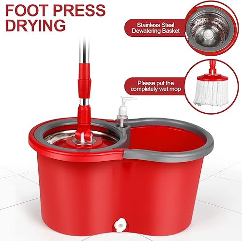 Miniatura 6 de Juego de cubos de fregona para limpieza de suelos con escurridor giratorio de 360°, agua sucia separada con 3 cabezales de fregona de microfibra