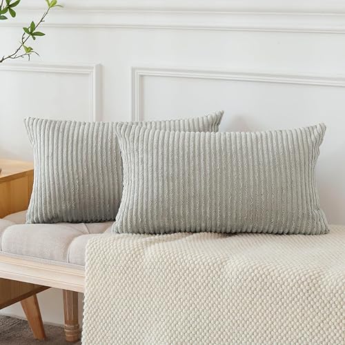 Miniatura 4 de OTOSTAR Juego de 2 fundas de almohada decorativas bohemias de 16 x 24 pulgadas, de pana suave, a rayas lisas, fundas de almohada lumbares para sofá,