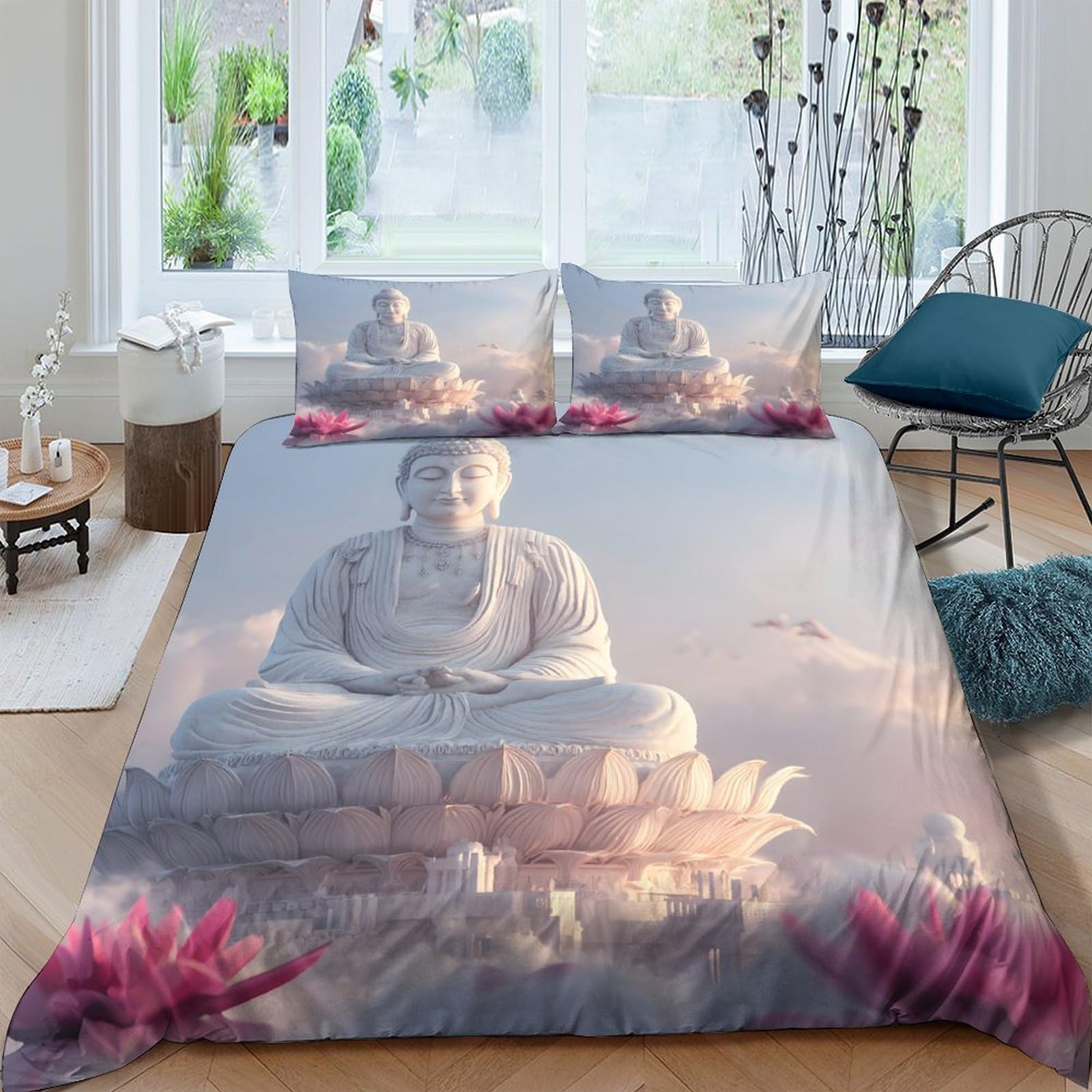 Ctjqhvkz Style-8 3D Printed Buddha Lotus Fitted Sheet Microfiber Anti-Slip Bed Cover For Bedroom Guest Room Decor Machine Washable Single（135X200cm）