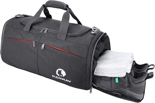 CANWAY Sports Gym Bag, Travel Duffel bag with Wet Pocket & Shoes Compartment for men women, 45L, Lightweight(Black)