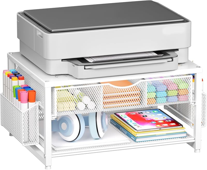 Soporte de impresora de metal para escritorio con cajón de almacenamiento y 2 soportes para bolígrafos, mesa de impresora organizadora de escritorio de 2 niveles para oficina en casa, organizador de escritorio multiusos para archivos de escáner de máquina de fax (blanco)