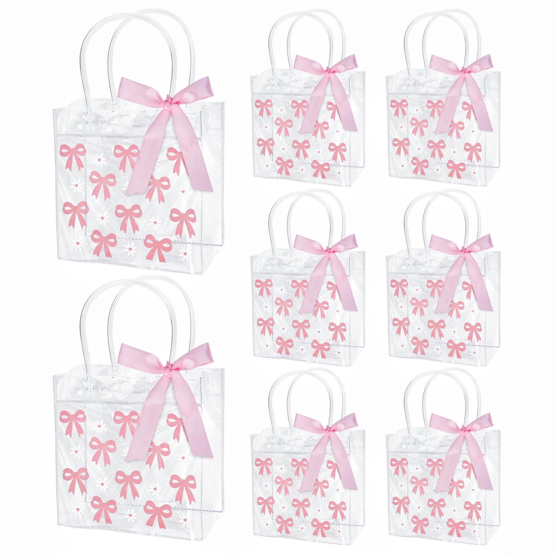 Dmnnlp 8 Pcs Clear Pink Gift Bags, Small Plastic Gift Bags with Handle Ribbon Bow 15x16x8cm, Party Gifts Bags for Birthdays Baby Shower Mother's Day Wedding Hen Party Gifts Decoration (Pink)