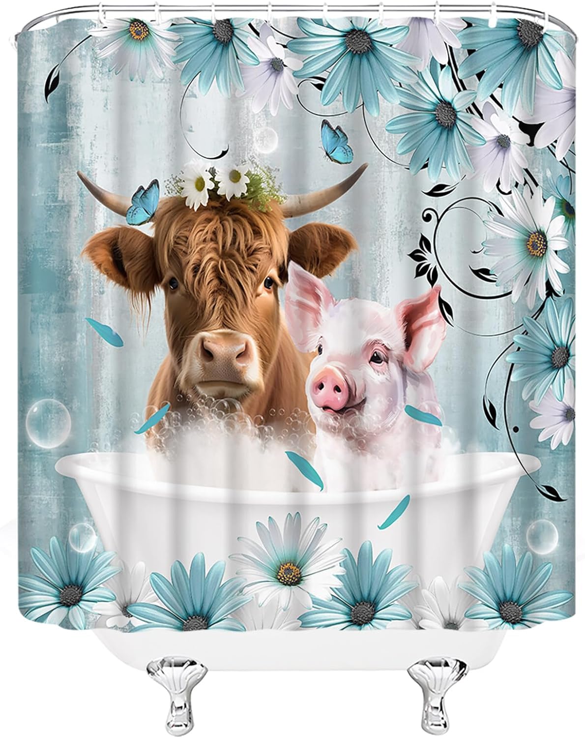 GCTNBJL Farmhouse Highland Cow Pig Shower Curtain Blue Teal Rustic Floral Funny Farm Animal Longhorn Pig Vintage Western Country Bathroom Decor Fabric Curtain with Hooks