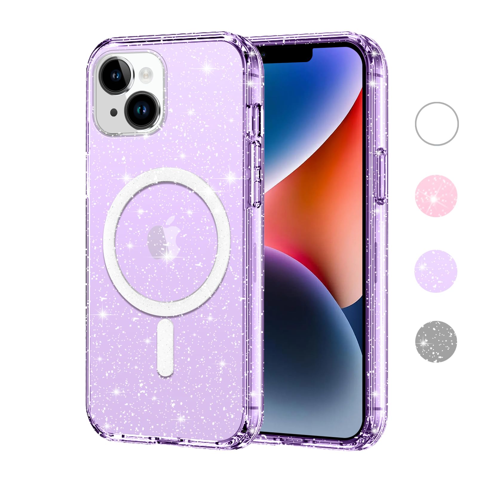 YoedgeMagnetic Glitter Case for Apple iPhone 15 6.1 Inch Compatible with MagSafe Case Cover Glitter Soft TPU Bumper PC Back Transparent Shiny Purple Cover for iPhone 15 Case