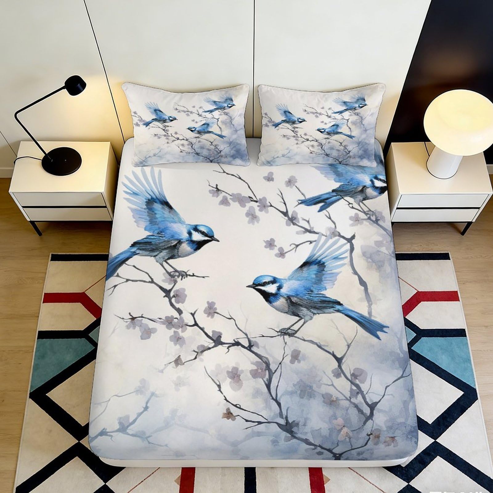 3D Printed Blue Bird Fitted Sheet Microfiber Soft Breathable Cherry Blossom Bed Cover for Bedroom Dormitory Guest Room Mattress Protection Decor 180x200x25cm