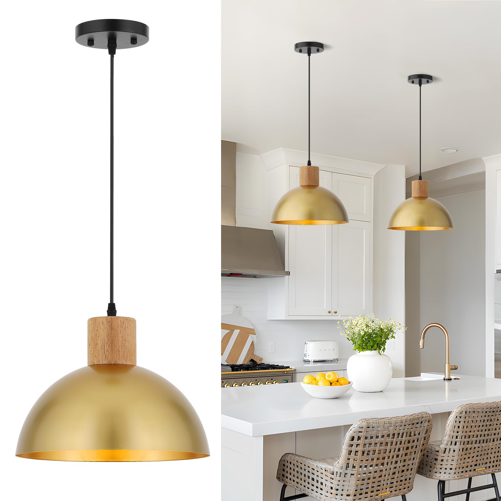 QianZhan Gold Pendant Light, 11.8" Wood Pendant Lights Fixtures Adjustable Modern Dome Hanging Lighting,for Kitchen Island Dining Room Farmhouse Sink