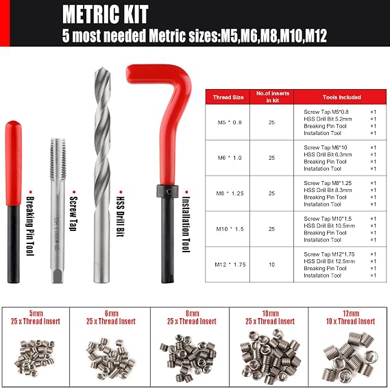 131PCS Thread Repair Kit, HSS Drill Helicoil Repair Kit SAE&Metric M5 M6 M8 M10 M12 Kit