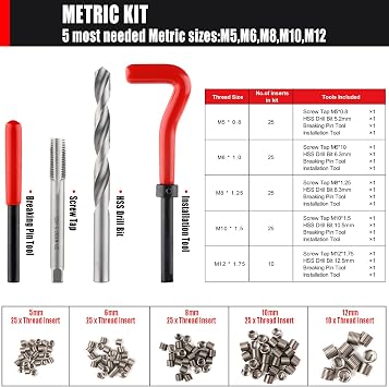 131PCS Thread Repair Kit, HSS Drill Helicoil Repair Kit SAE&Metric M5 M6 M8 M10 M12 Kit