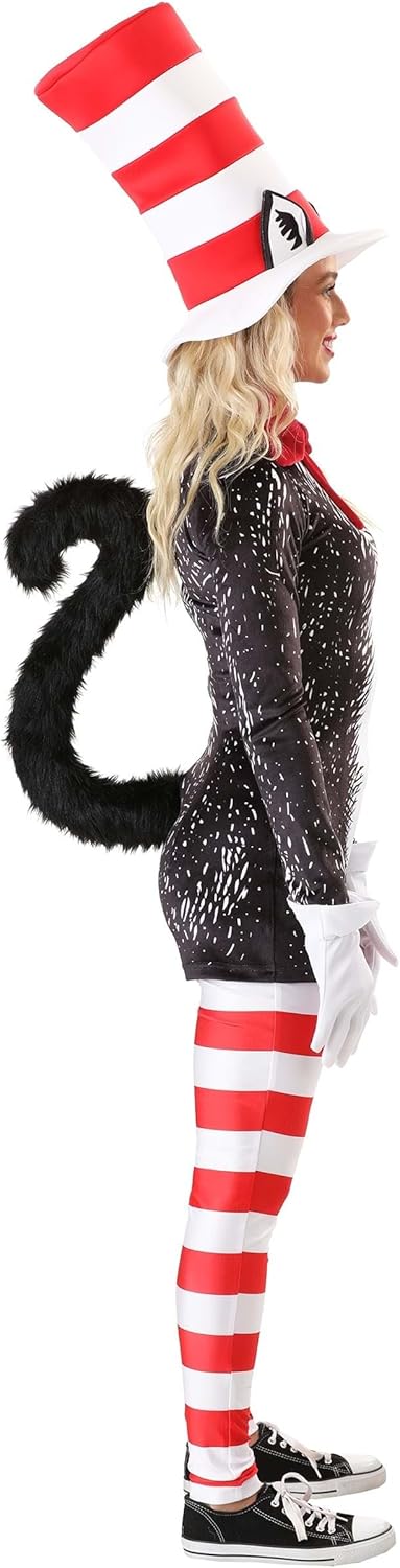 Women's Cat In The Hat Costume | Sassy Dr. Seuss Storybook Character Printed Romper With Tail, Accessories