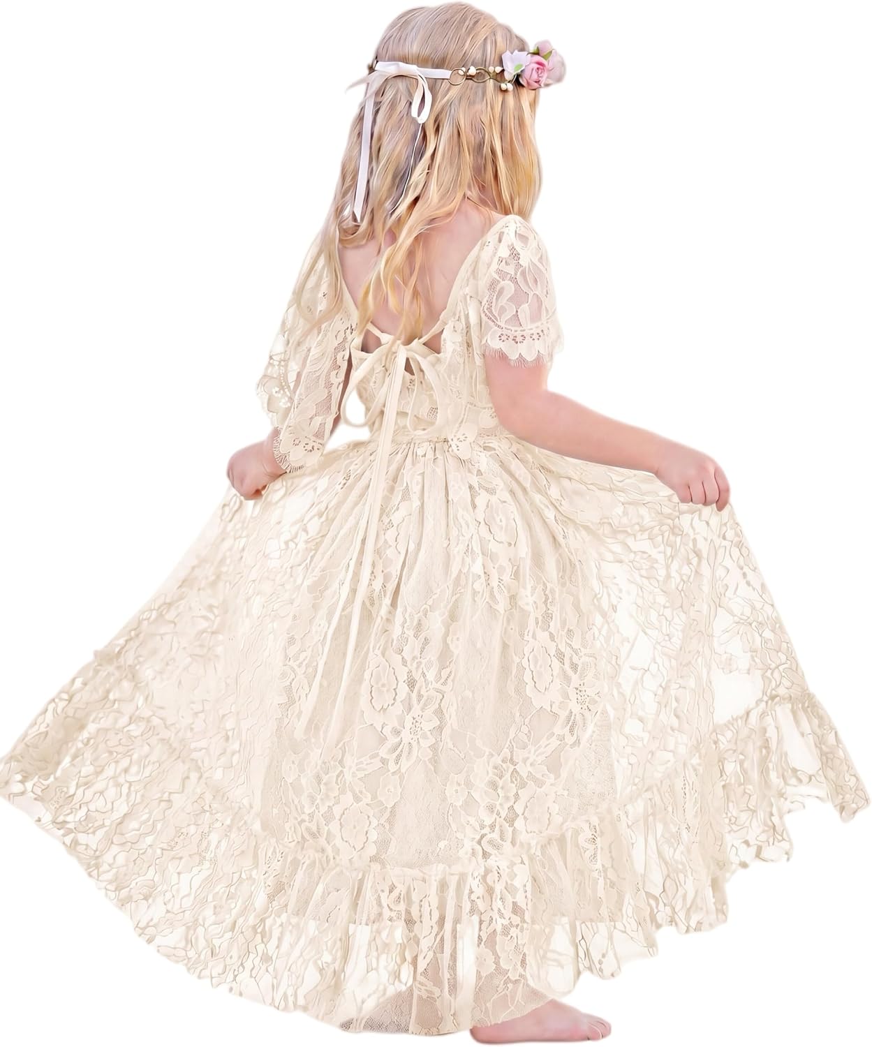 LalaMira Flower Girl Dress Lace Boho Toddler Dresses Backless Ruffle Maxi Girl Dress for Wedding Holiday Beach Party