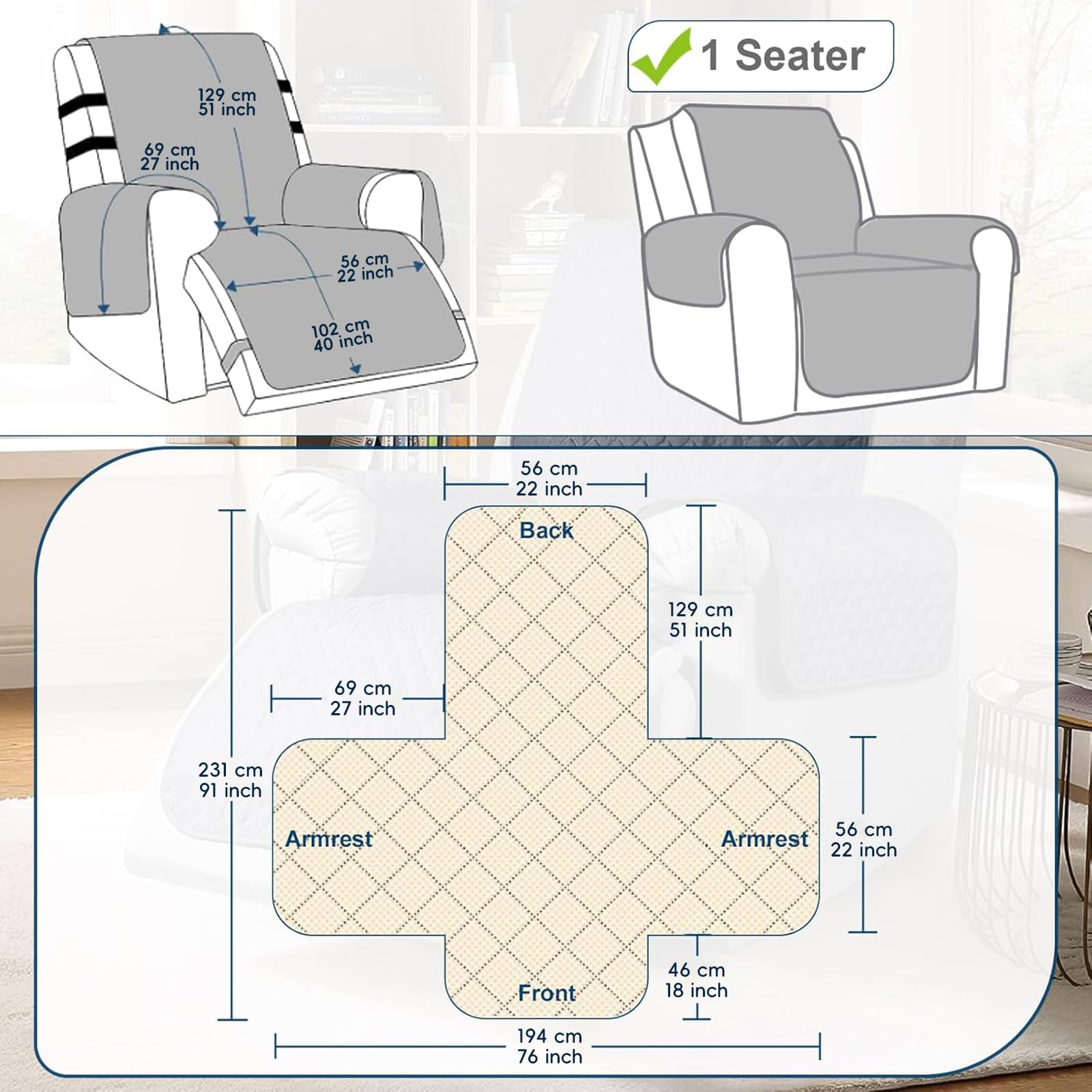 aolceth Fauteuilbeschermer voor televisiestoel, waterdichte relaxstoel, stoelbeschermer met zakken, armleuning, 1-zits stoelkussen, anti-slip, stoelbekleding voor meubelbescherming