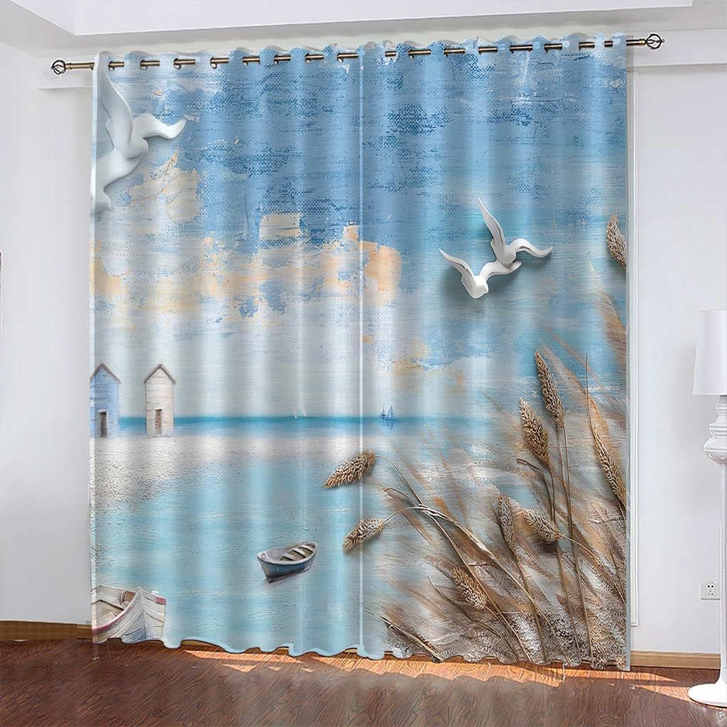 Rideaux chambre enfant imprimé 3D paysage marin occultant à oeillets