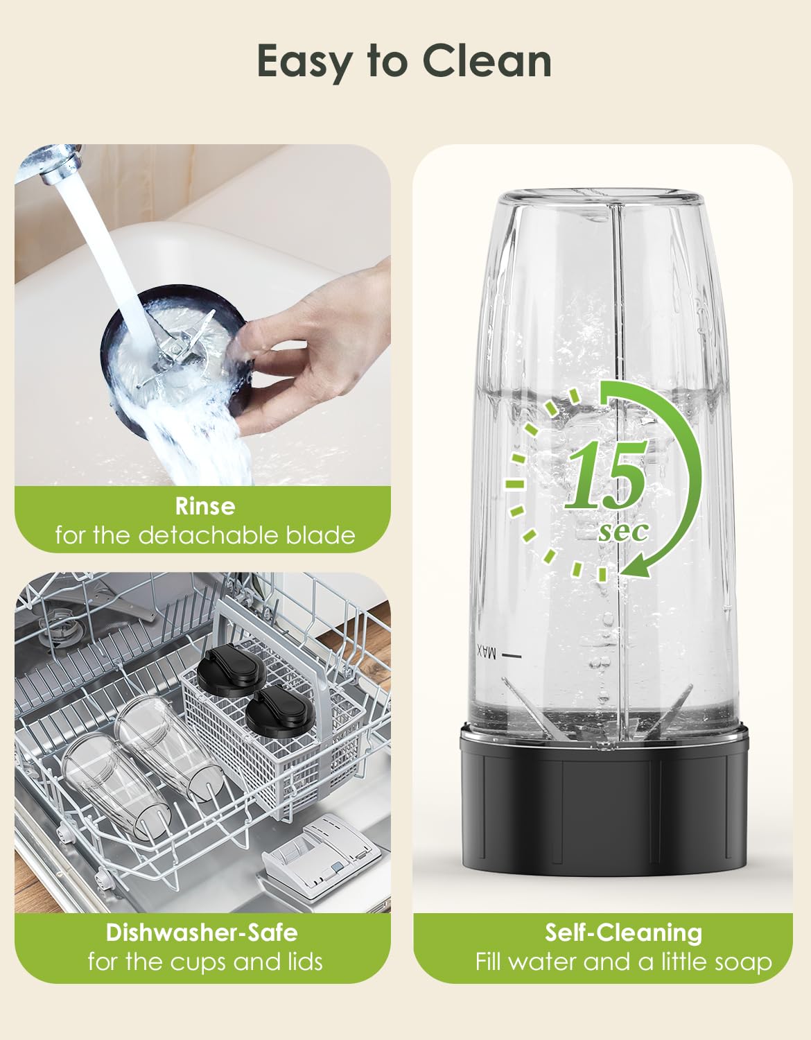 Batidora de batidos, licuadora personal de 1100 W para batidos y batidos, licuadoras y molinillo combinado para cocina con 2 tazas para llevar de 22 onzas y tapa para batido de proteínas, 5