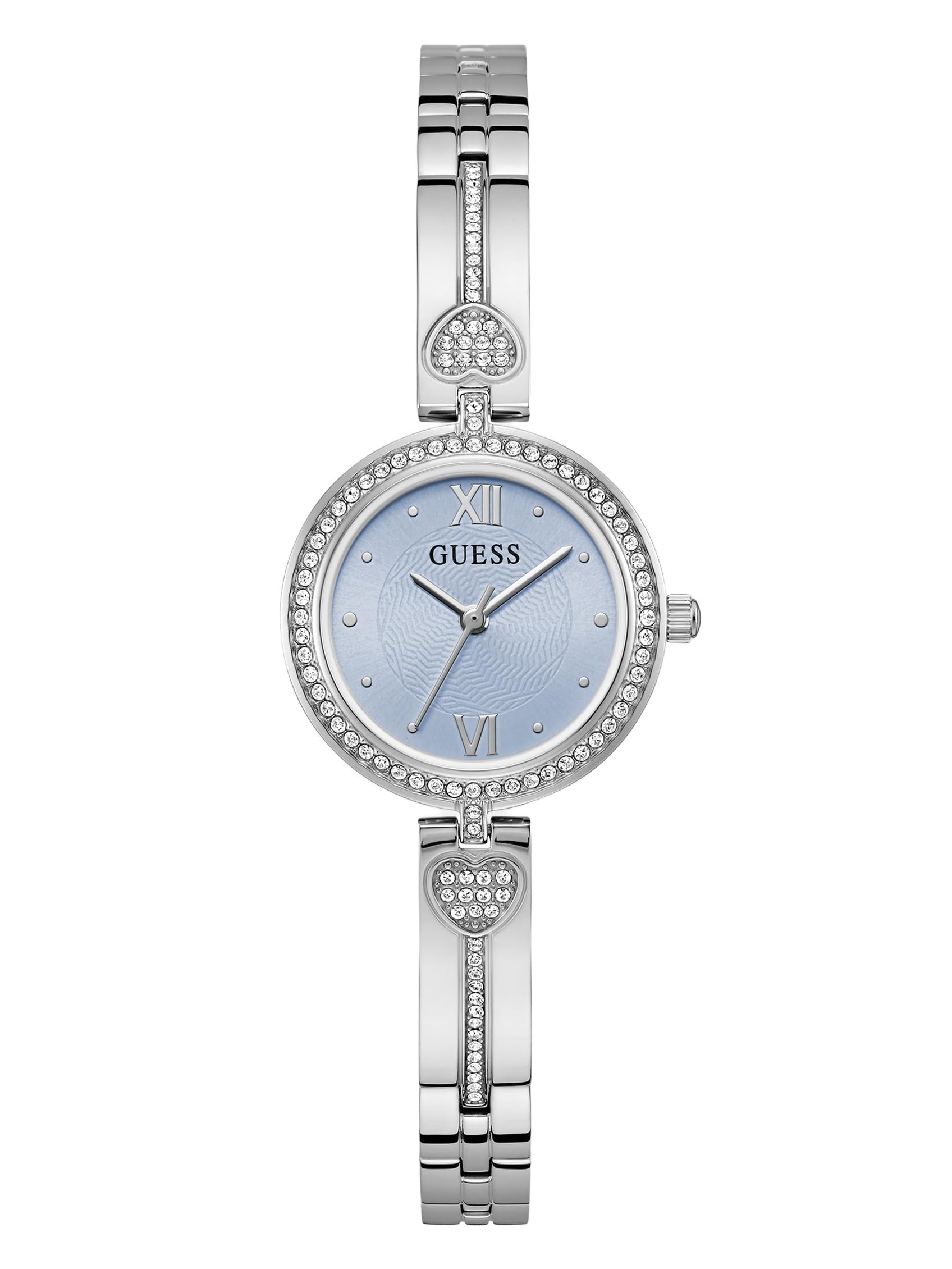 Guess Lovey, Damen Armbanduhr, Quarz Analog, Edelstahl, 27mm, Edelstahlarmband, Silber, 3 bar, Zifferblattfarbe: Blau, GW0655L4