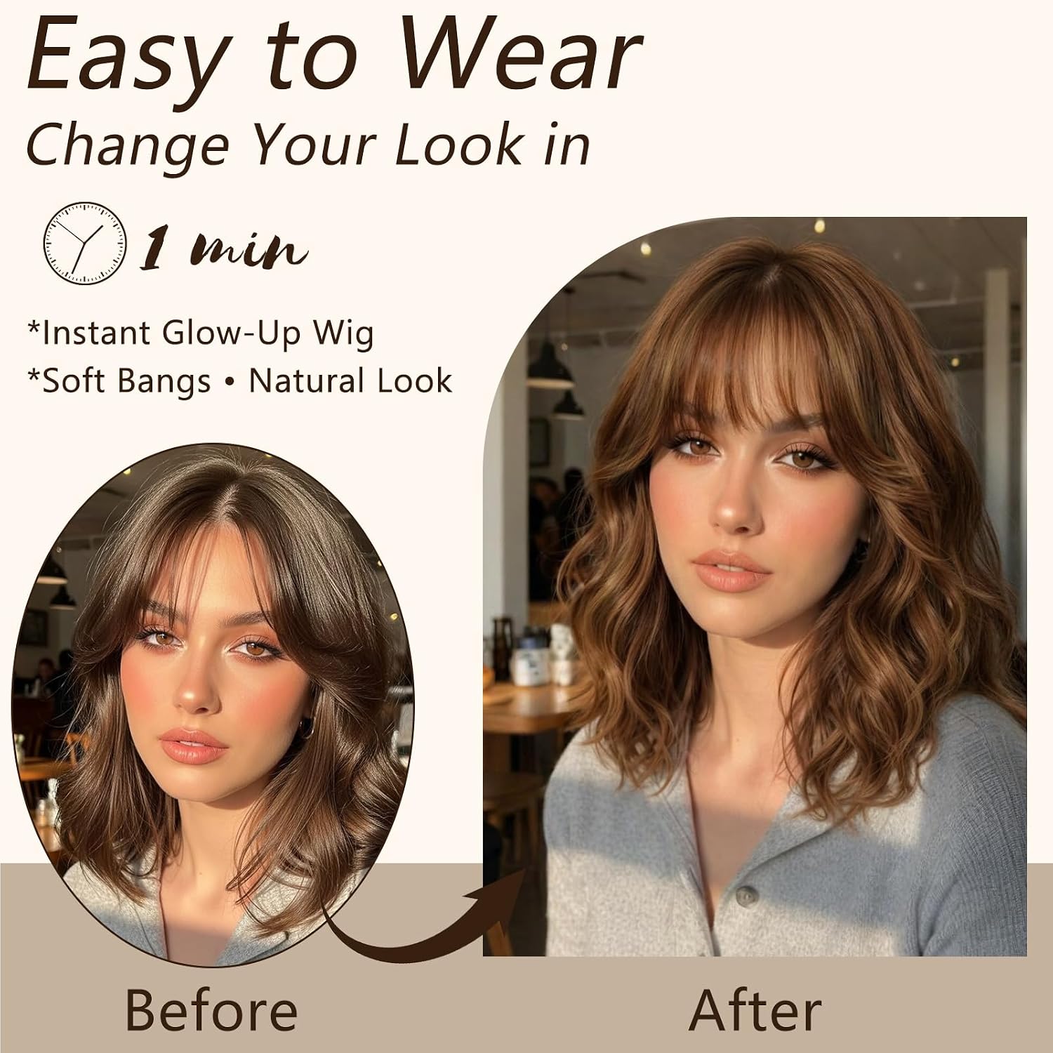 Brown with Honey Blonde Highlights Short Wavy Bob Wig with Bangs (Can Be Trimmed) for Women 14 Inch Shoulder Length Synthetic Wig Heat Resistant Natural Looking Hair for Daily Wear Party or Cosplay