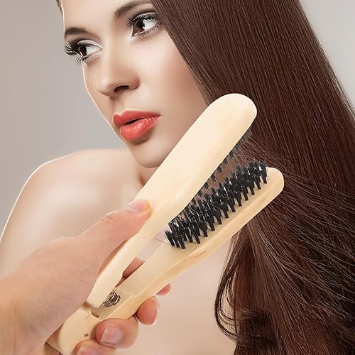 Miniatura 6 de Cepillo de pelo con abrazadera de cerdas de jabalí cepillo alisador de pelo de madera, peine alisador marrón para mujeres y niñas