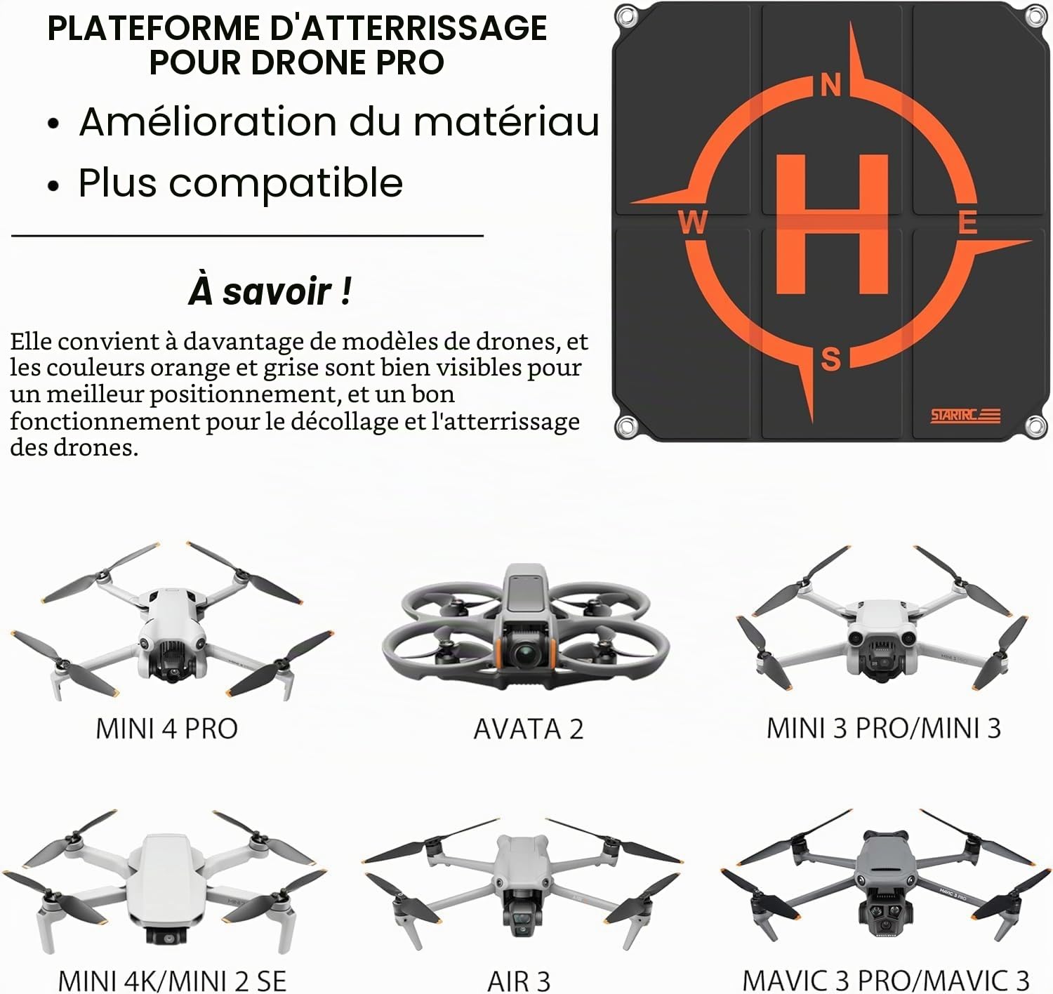 STARTRC Drone Landing Pad,50cm(19”) RC Hélicoptère Piste Pliable d'atterrissage pour DJI Mini 4k/Mini 4 pro/Avata 2/Mini 3 Pro/Mini 2 SE/Mavic 3/Air 3/ Mavic Mini 2/Mavic Air 2/Mavic 2 /FPV Drone
