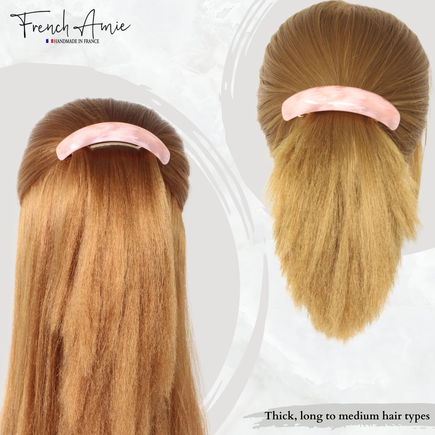 French Amie Curved Oblong Large Celluloid Acetate Handmade Volume Hair Clips No Slip Fashion Durable Styling Women Hair Accessories Girls Hair Barrette, Made in France (Light Pink) - Image 3
