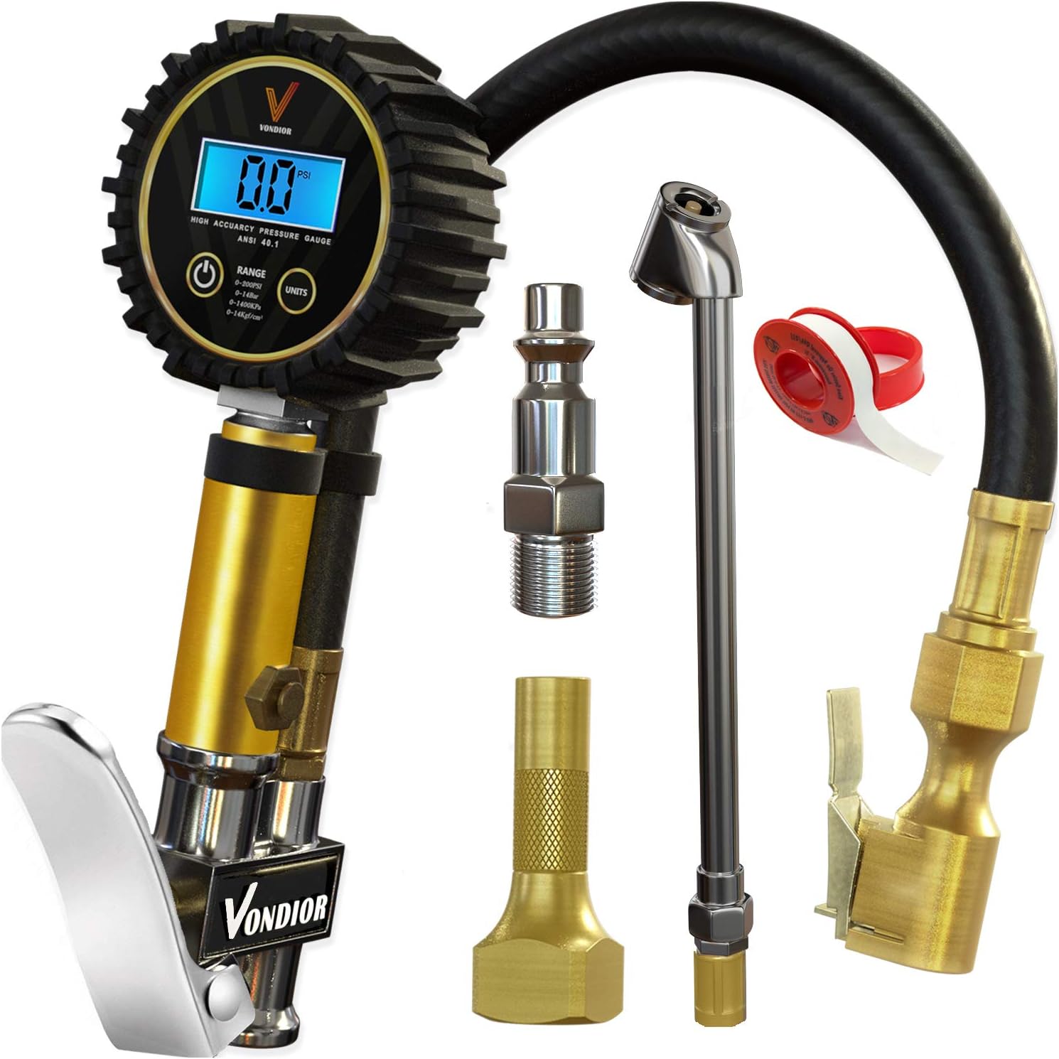 VONDIOR Tire Pressure Gauge - (0-100 PSI) Heavy Duty, Certified ANSI Accurate with Large 2 Inch Easy to Read Glow Dial, Low - High Air Pressure Gauge. Tire Gauge for Car and Trucks Tires (200PSI)