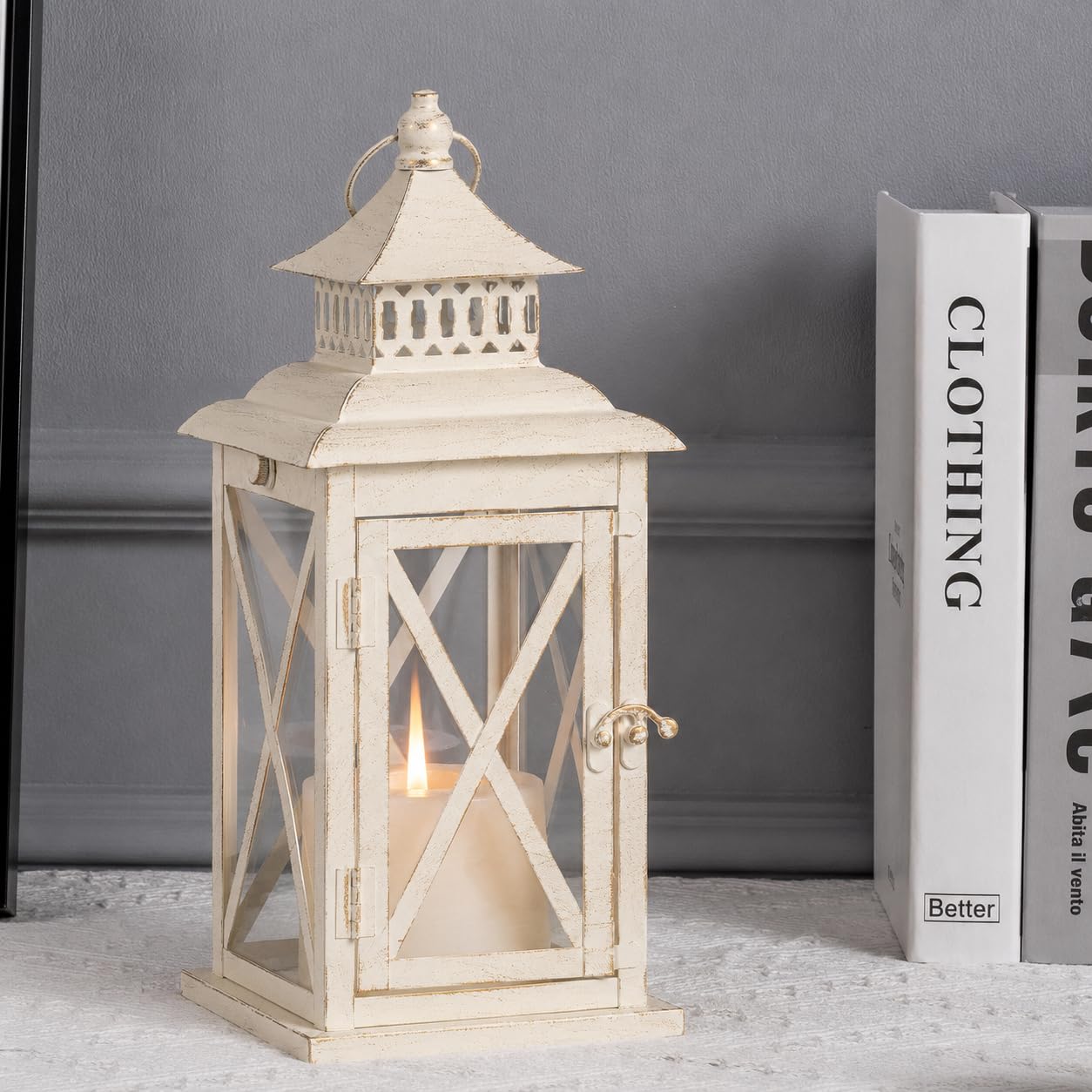 Lantern Decorative Indoor &amp; Outdoor,Large Square Hanging Spring Home Decor, Vintage Metal Decorative Candle Lanterns for Outdoor Patio Wedding Party Beige with Copper Brush