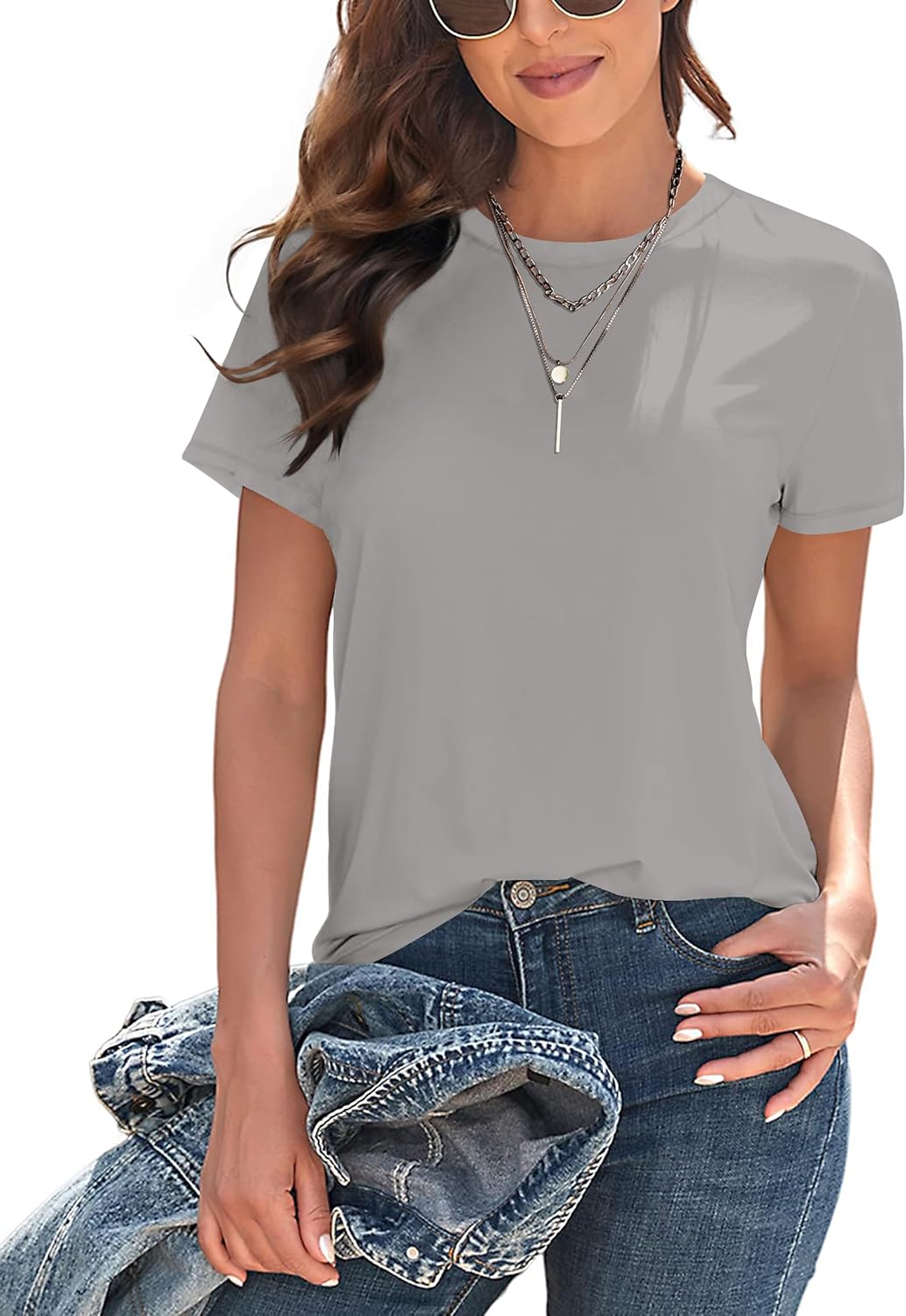 DUOEASE Tshirt Damen Rundhals Basic Top Damen Sommer Locker Oberteile Sommer Elegant