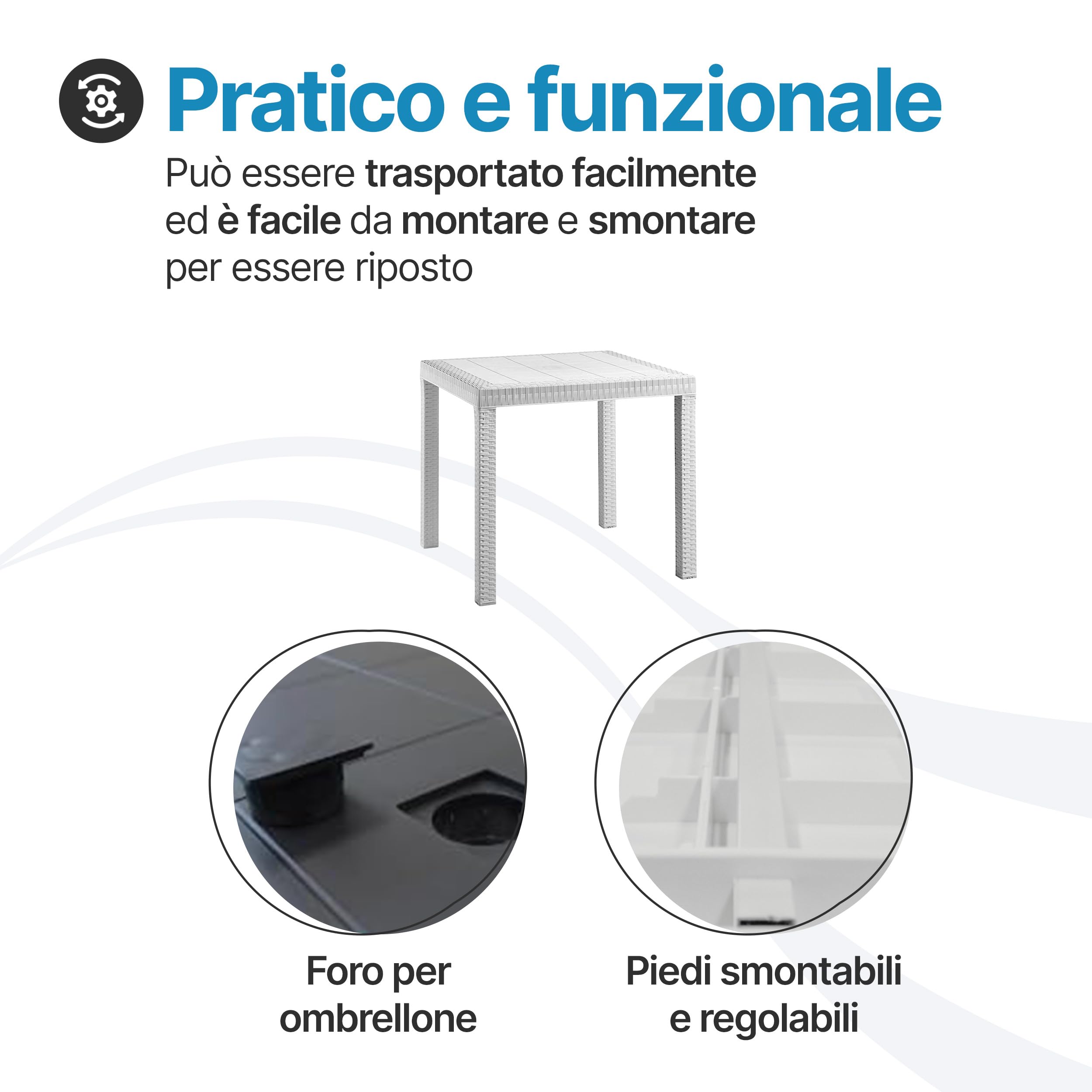 Tomaino - Tavolo da giardino in plastica quadrato 80x80 - Tavolino per esterno 4 posti effetto rattan per casa, bar e ristorante con foro per ombrellone (Bianco)