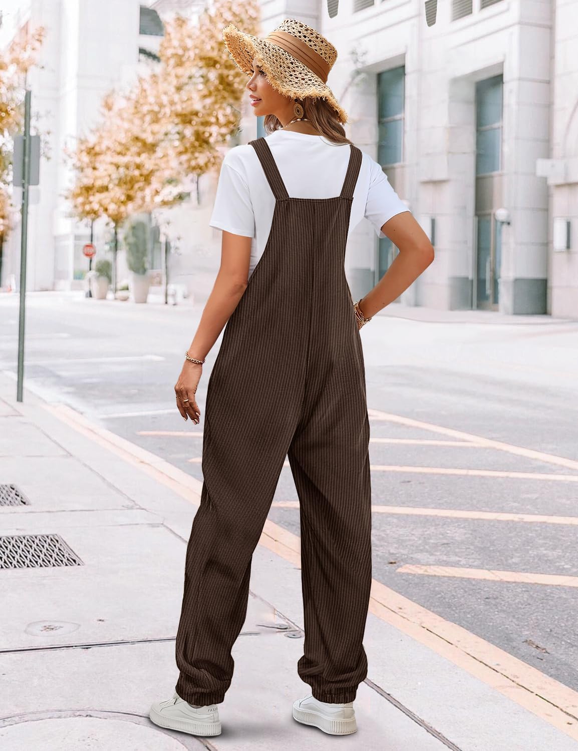 YESNO Women's Casual Corduroy Overalls Sleeveless Adjustable Straps Loose Harem Bib Jumpsuits for Women with Pockets PCL - Image 4